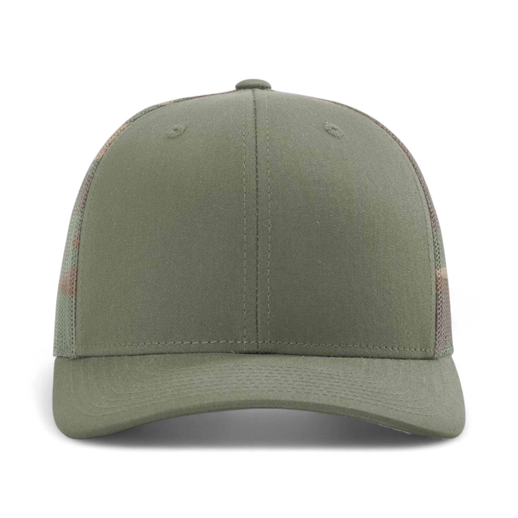 Front view of Richardson 112PM custom hat in loden and green camo