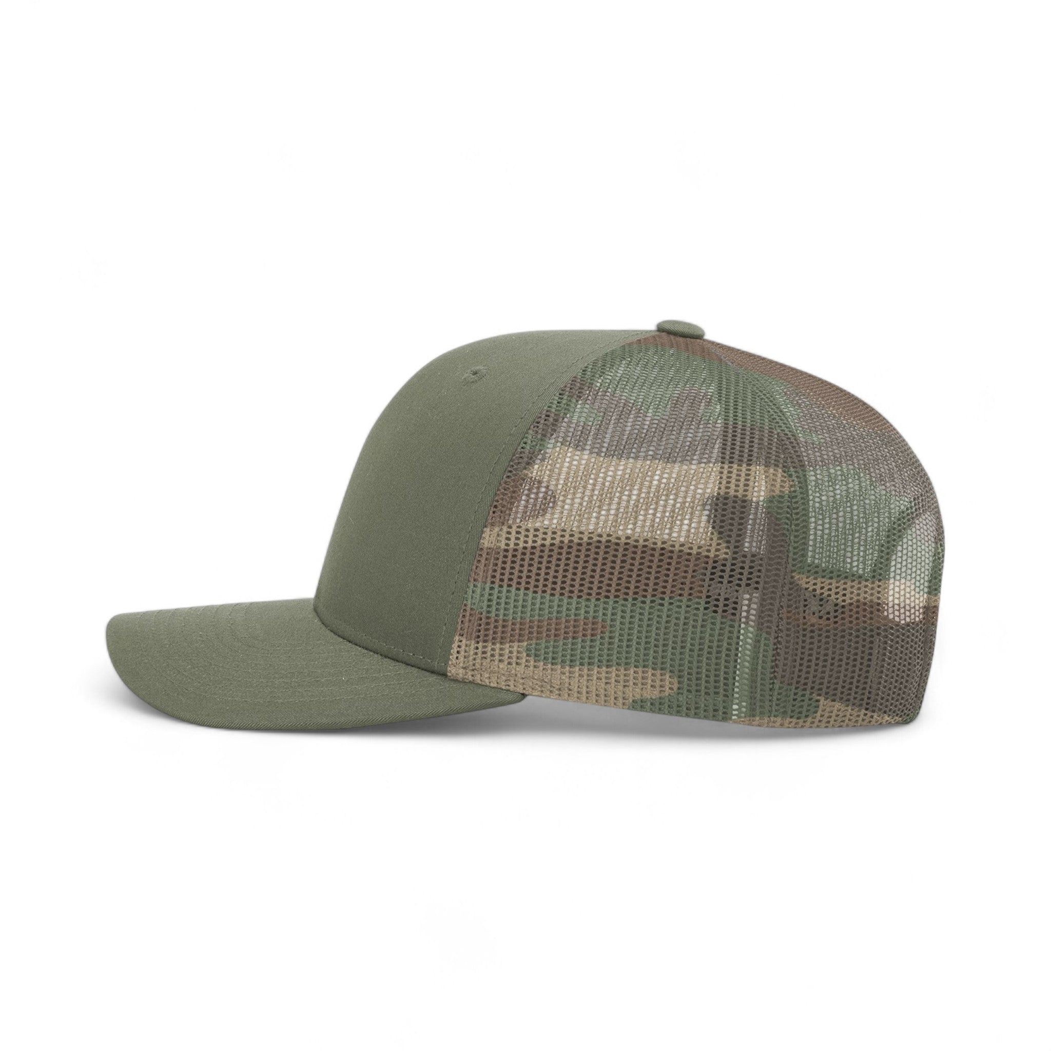 Left side view of Richardson 112PM custom hat in loden and green camo