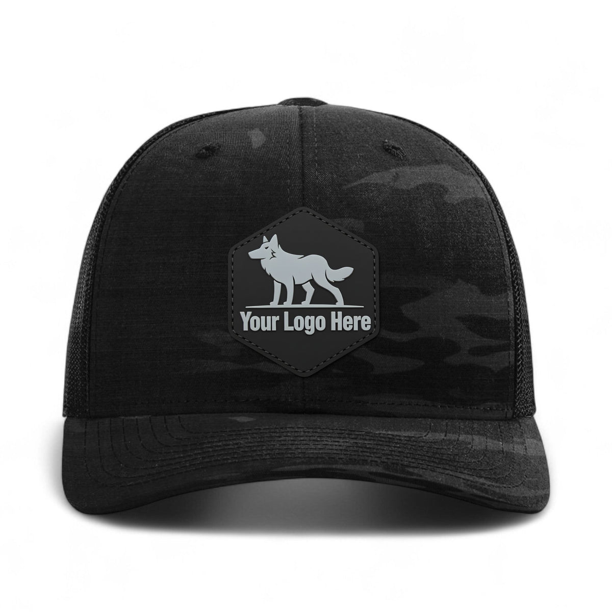 PVC patch preview of Richardson 112PT custom hat in multicam black and black
