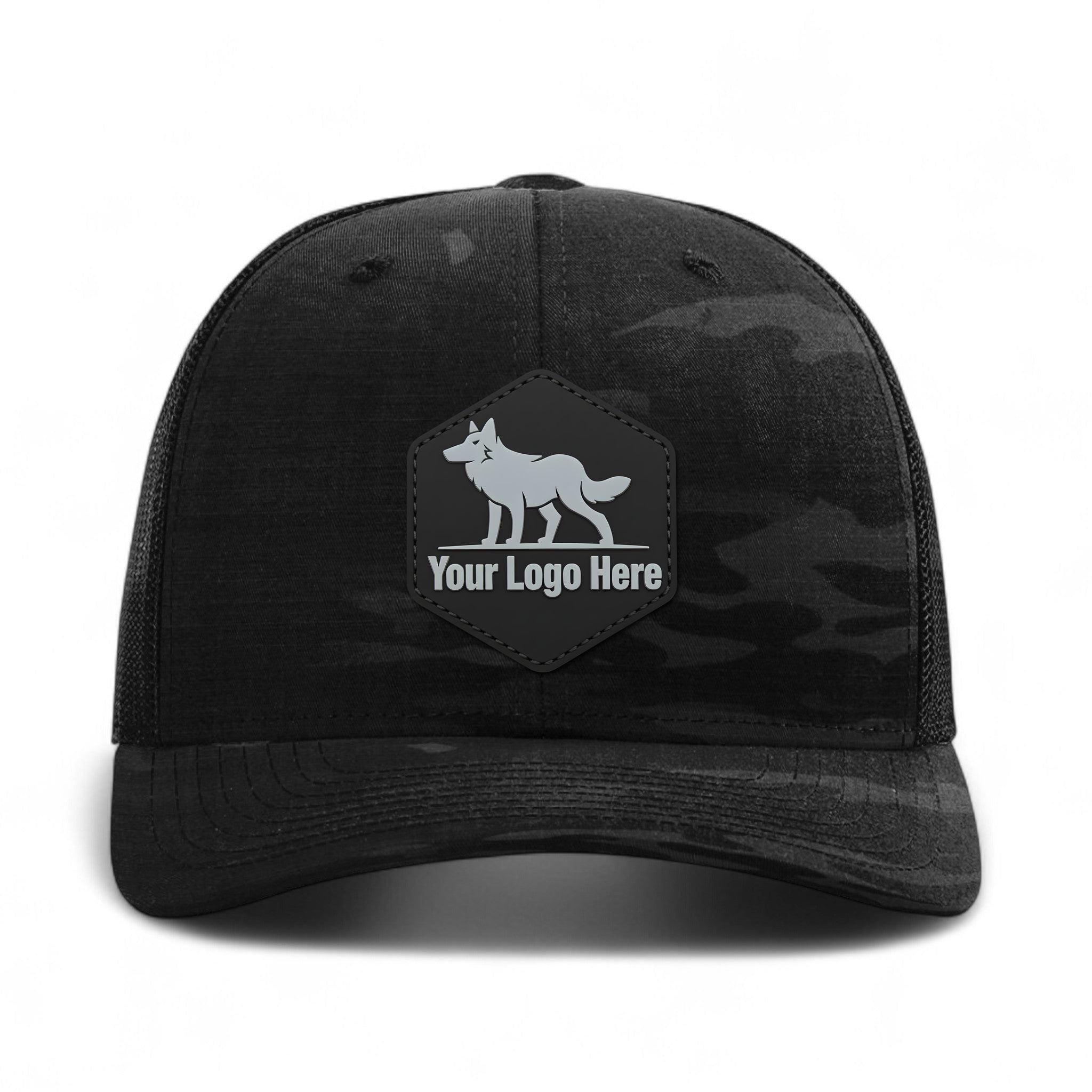 PVC patch preview of Richardson 112PT custom hat in multicam black and black