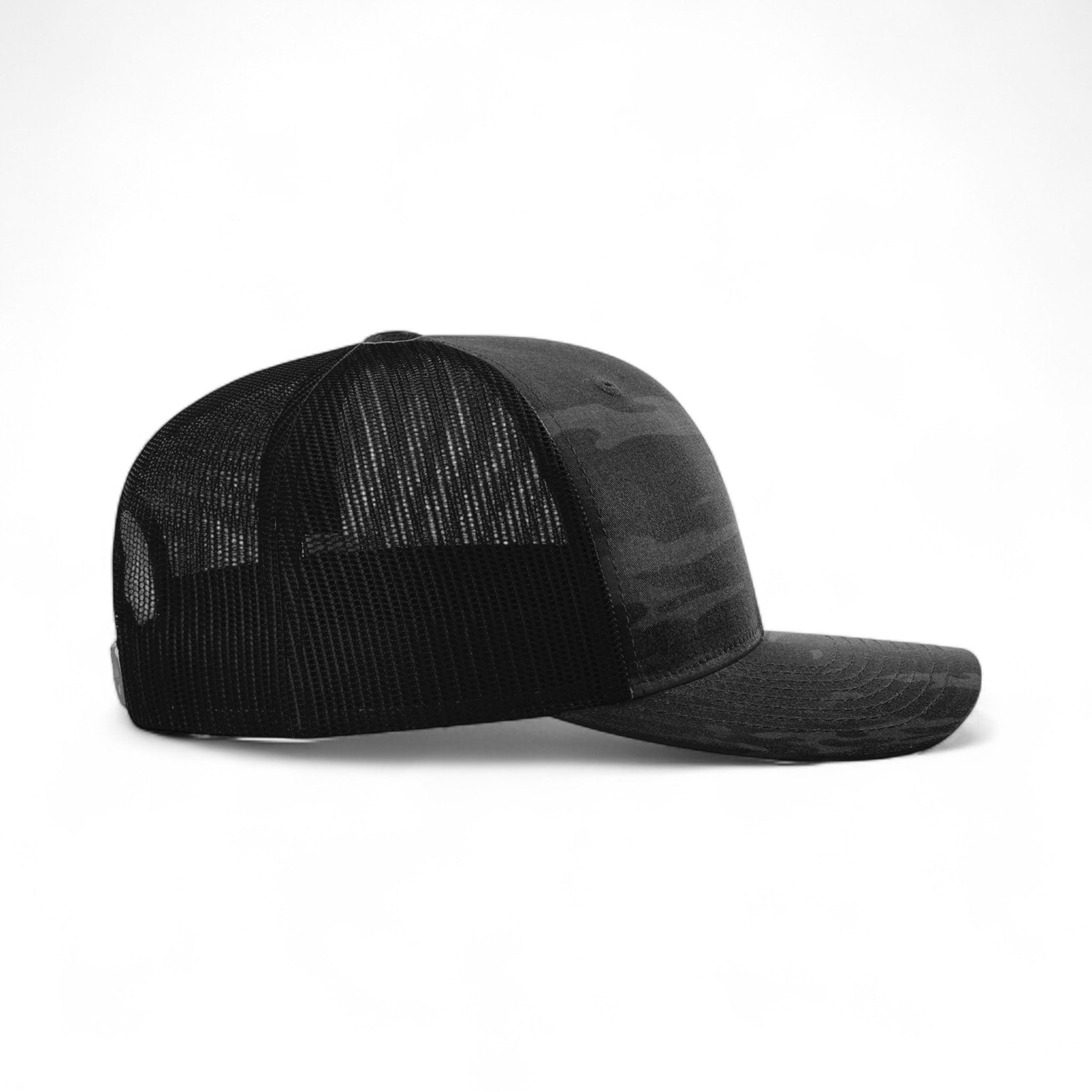 Right side view of Richardson 112PT custom hat in multicam black and black
