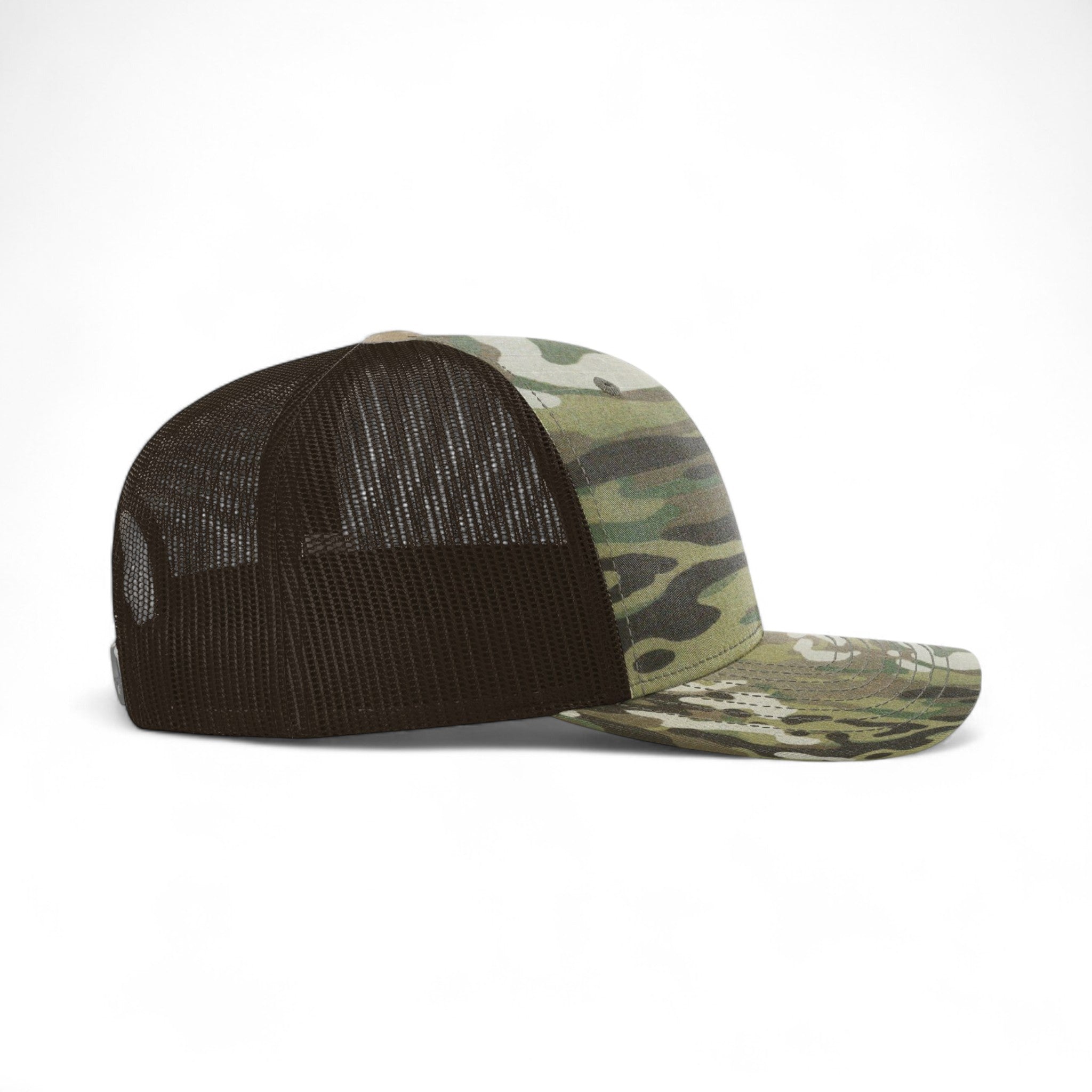 Right side view of Richardson 112PT custom hat in multicam original and coyote brown