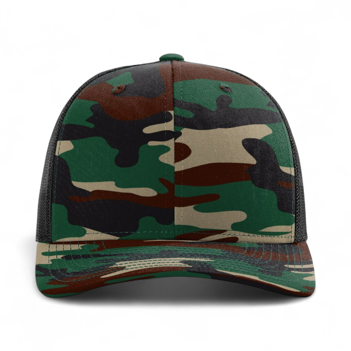 Front view of Richardson 112P custom hat in army camo and black