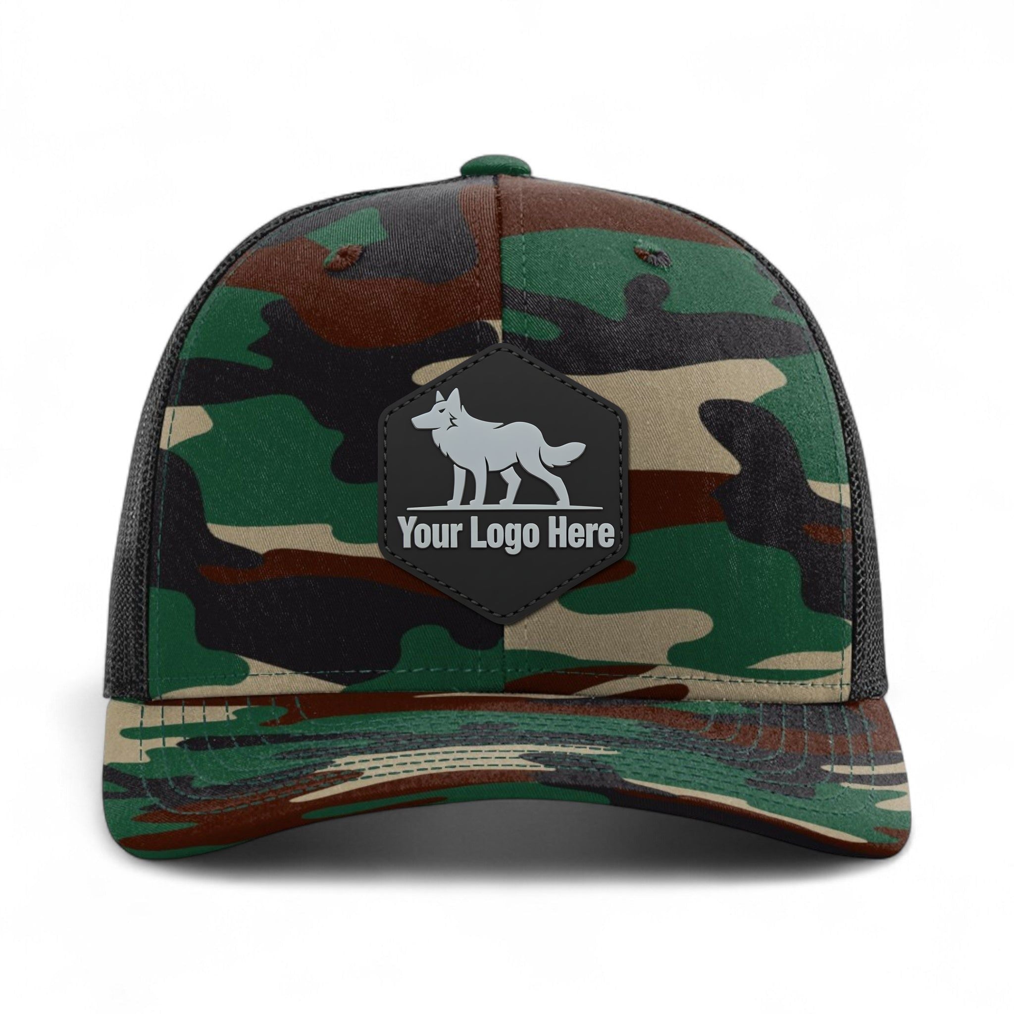 PVC patch preview of Richardson 112P custom hat in army camo and black