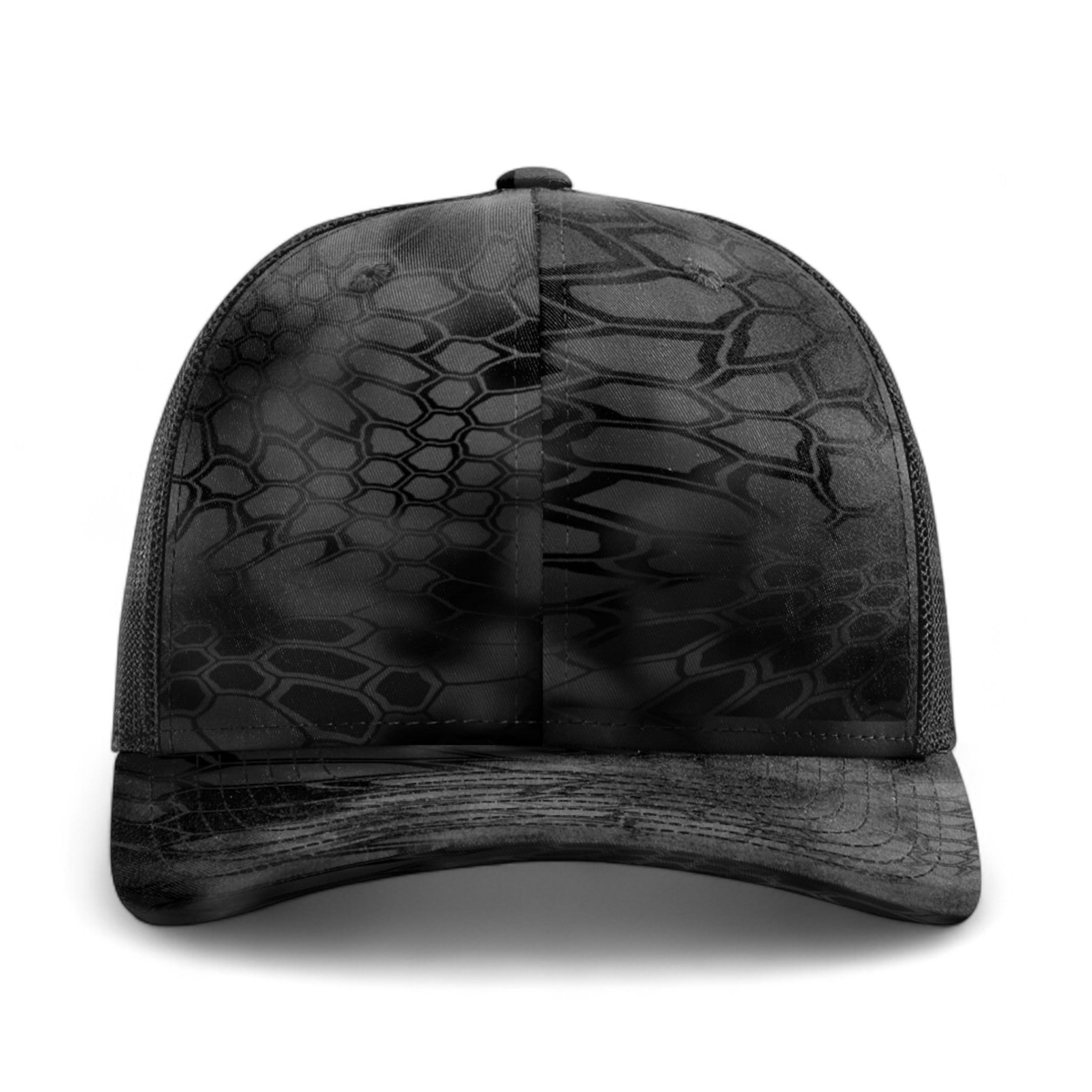 Front view of Richardson 112P custom hat in kryptek typhon and black