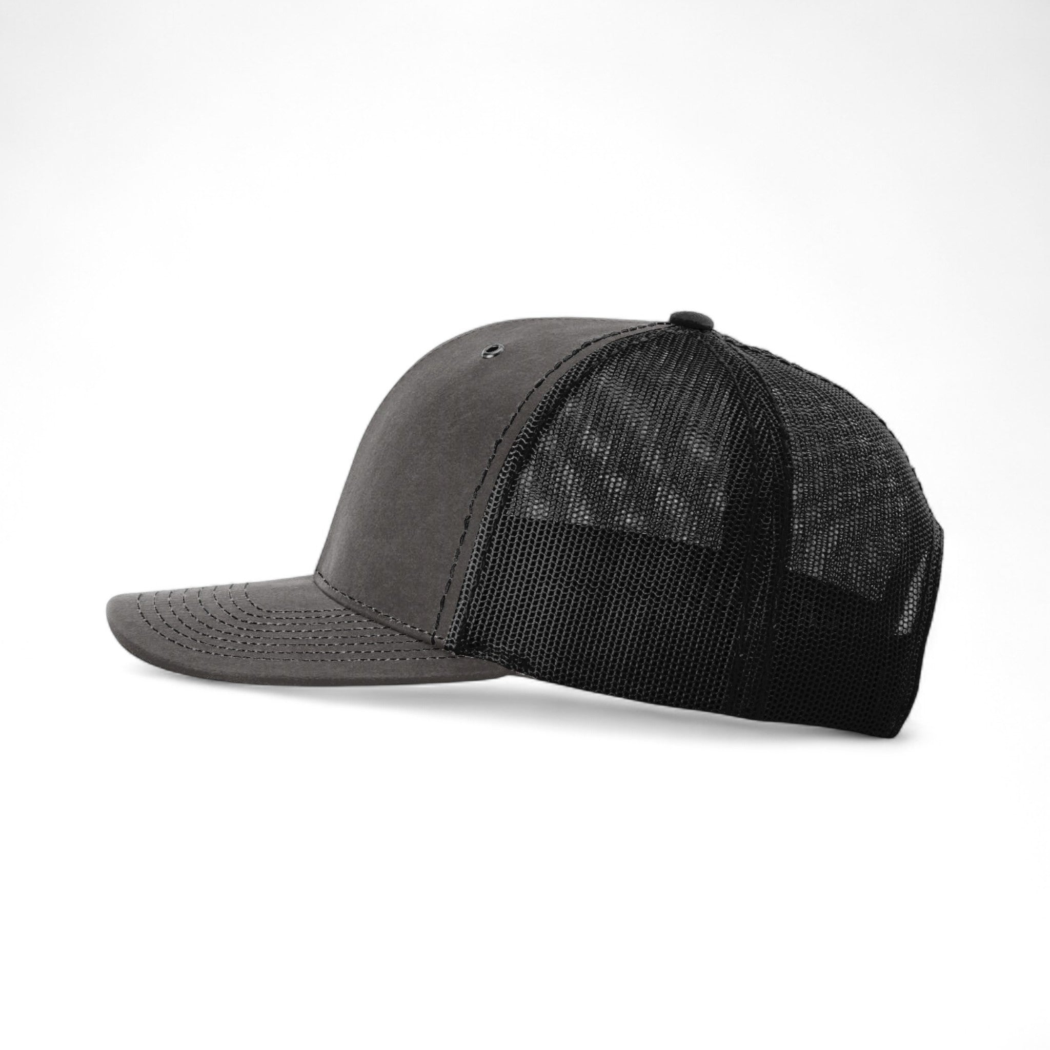 Left side view of Richardson 112WF custom hat in charcoal and black