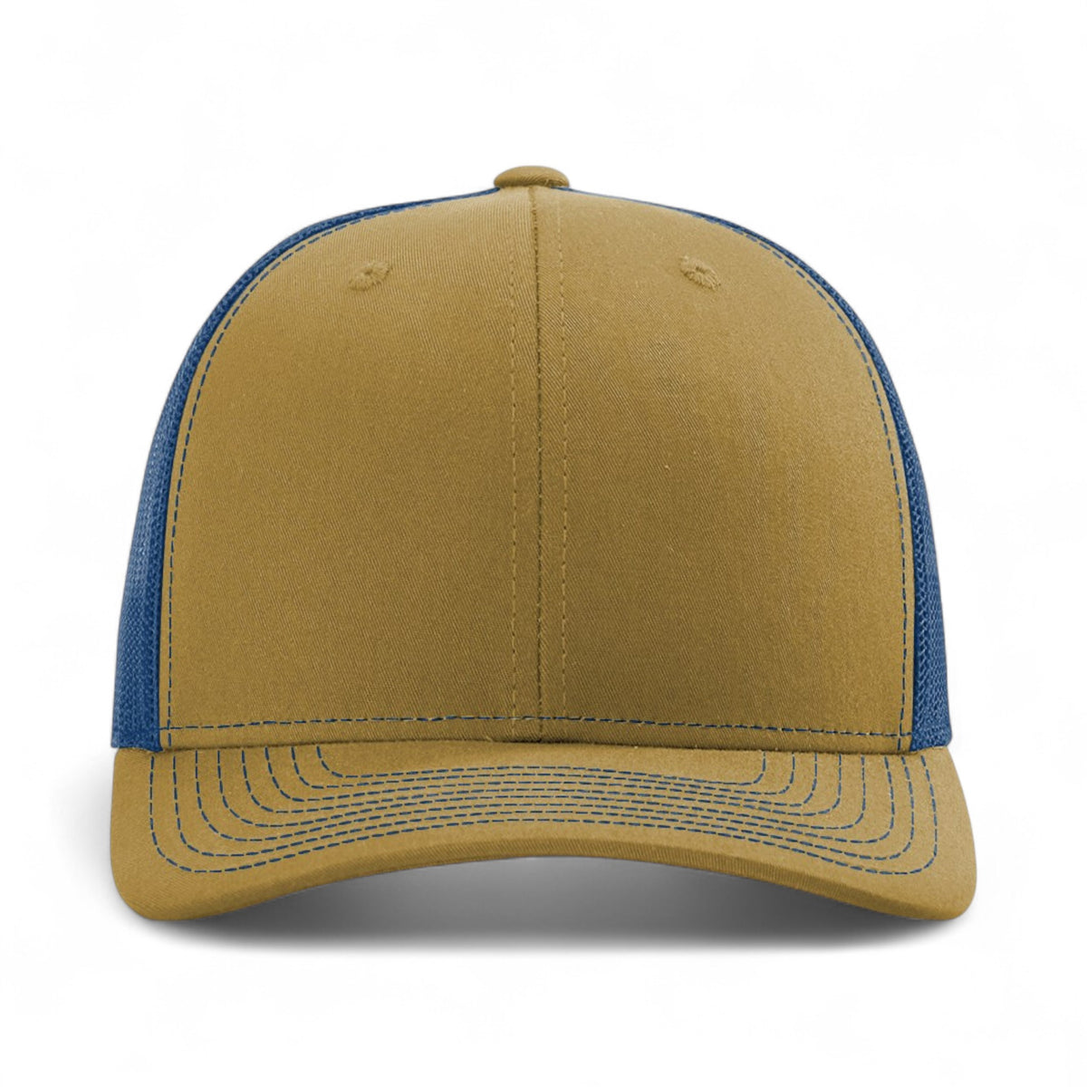 Front view of Richardson 112 custom hat in biscuit and true blue