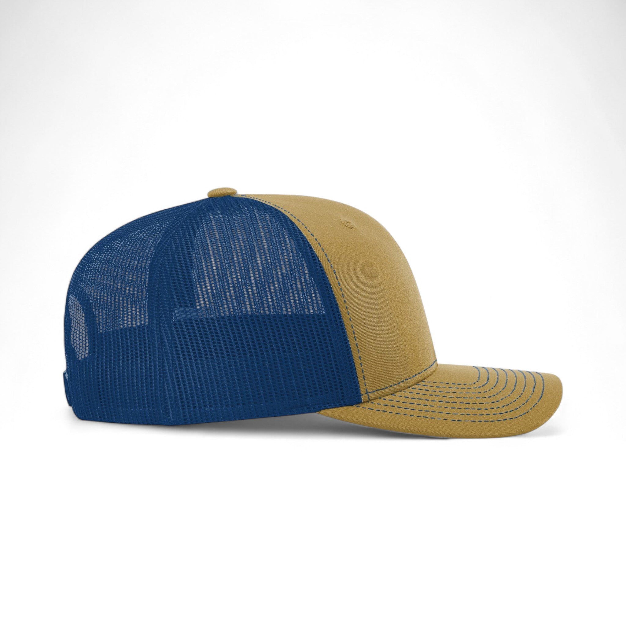 Right side view of Richardson 112 custom hat in biscuit and true blue