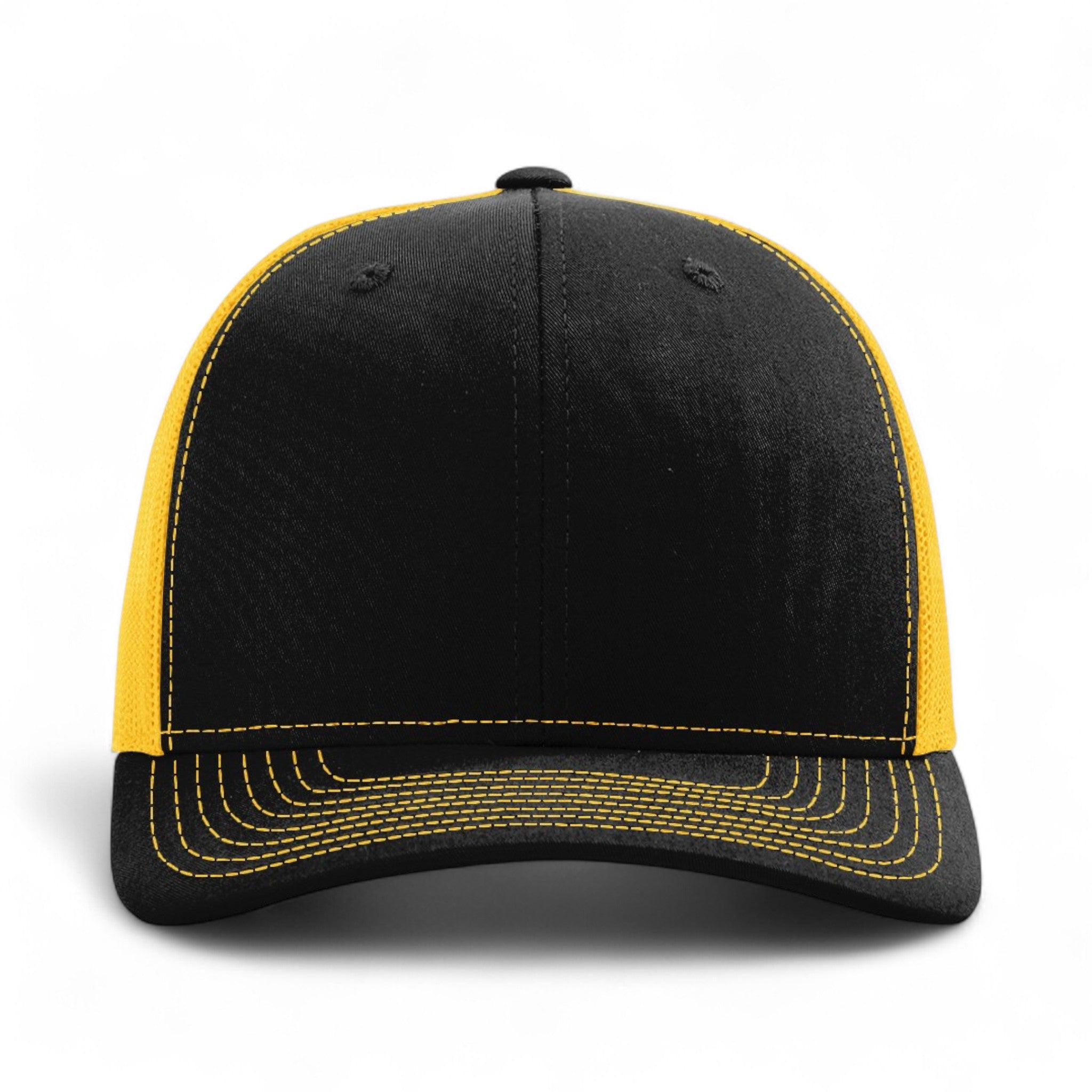 Front view of Richardson 112 custom hat in black and gold