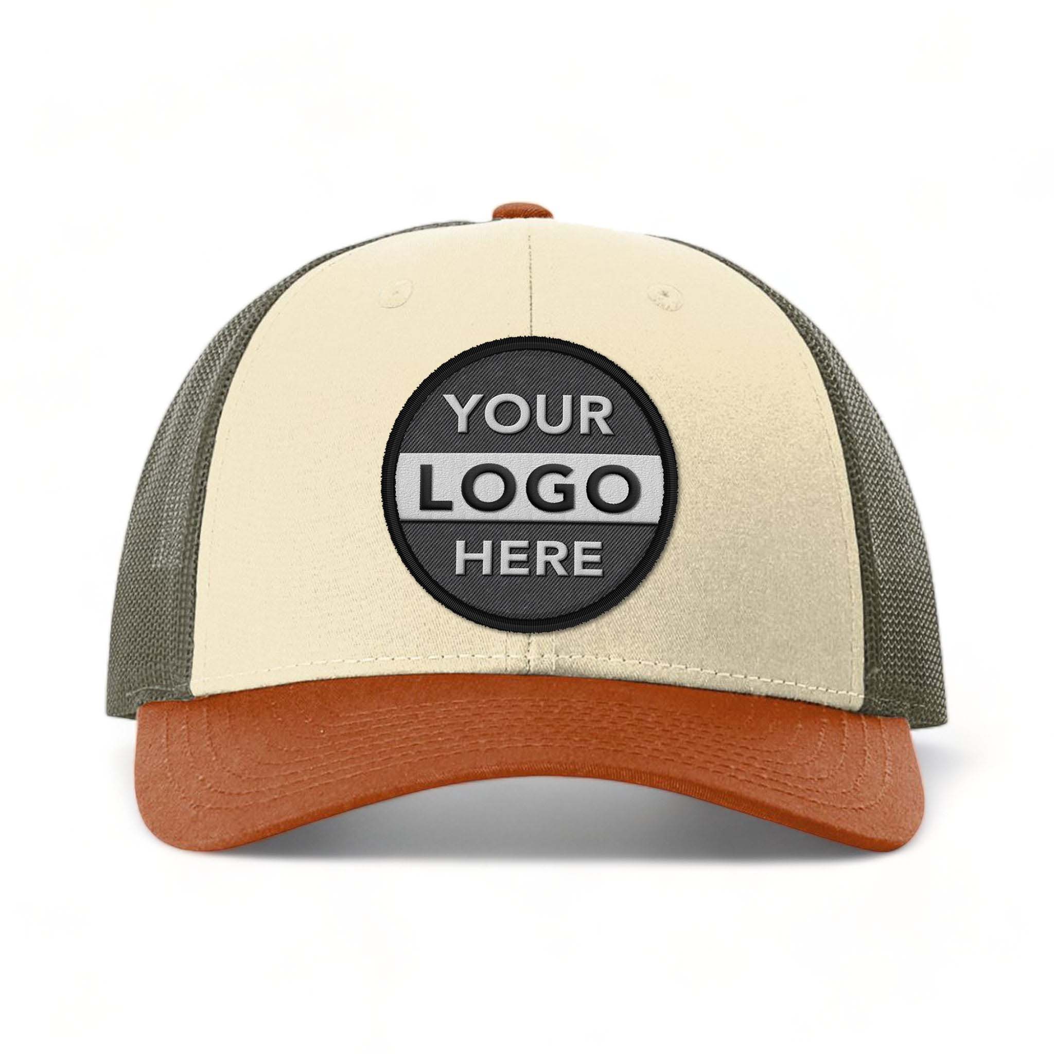 Richardson 115 custom embroidered patch hat in cream loden green and dark orange