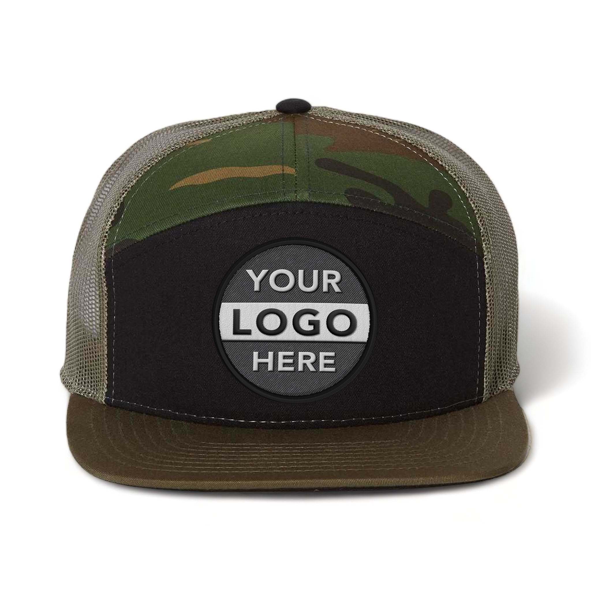 Richardson 168 custom embroidered patch hat in black camo and loden green