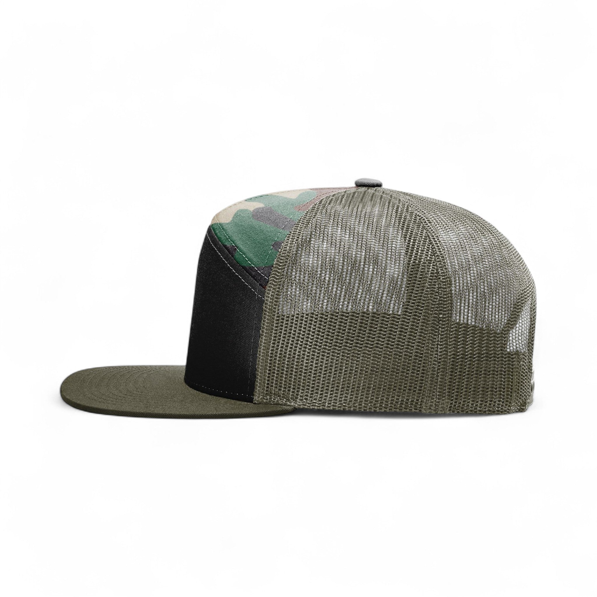 Left side view of Richardson 168 custom hat in black, camo and loden green