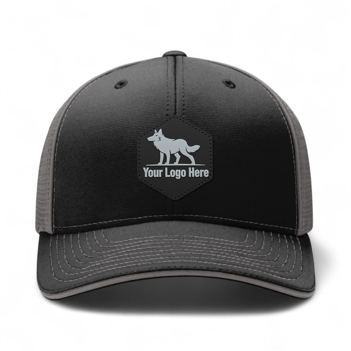 PVC patch preview of Richardson 172 custom hat in black and charcoal