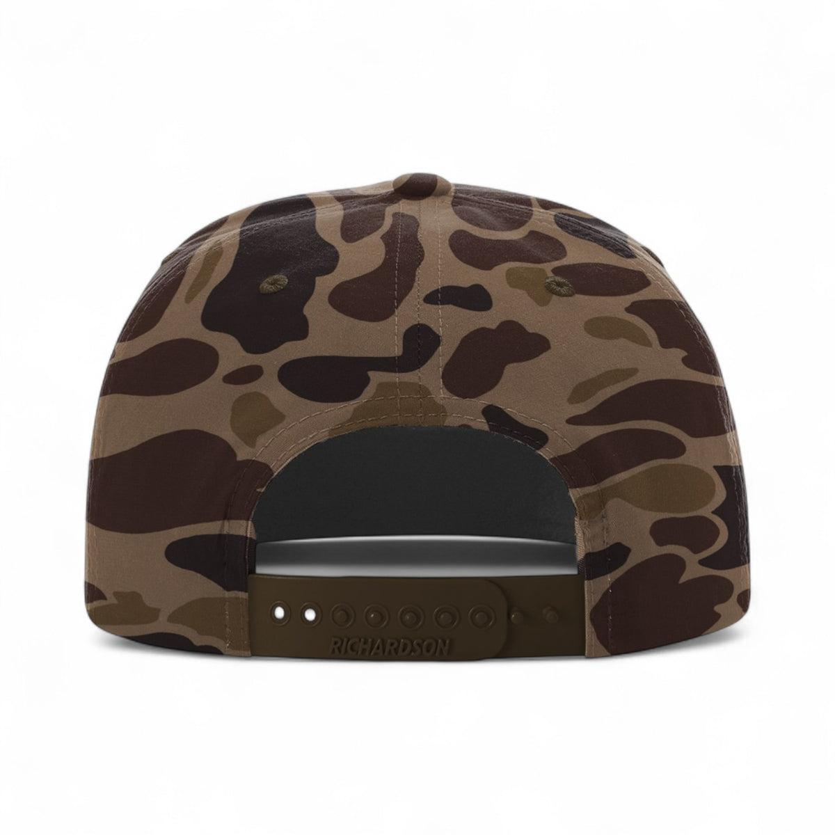Back view of Richardson 256P custom hat in bark duck camo and brown