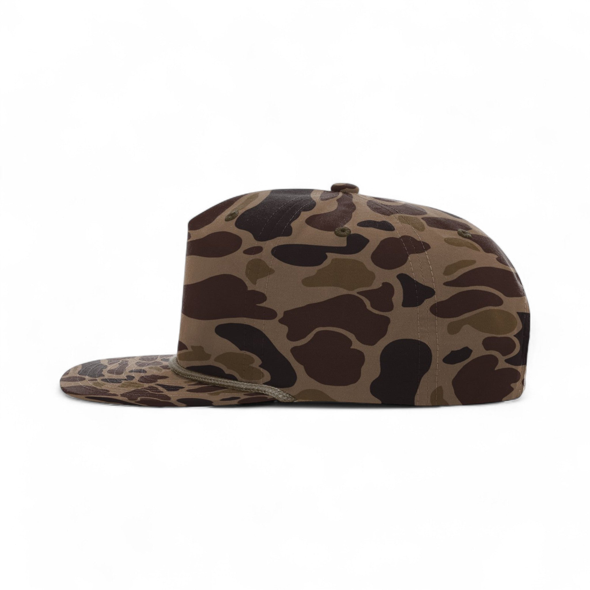 Left side view of Richardson 256P custom hat in bark duck camo and brown