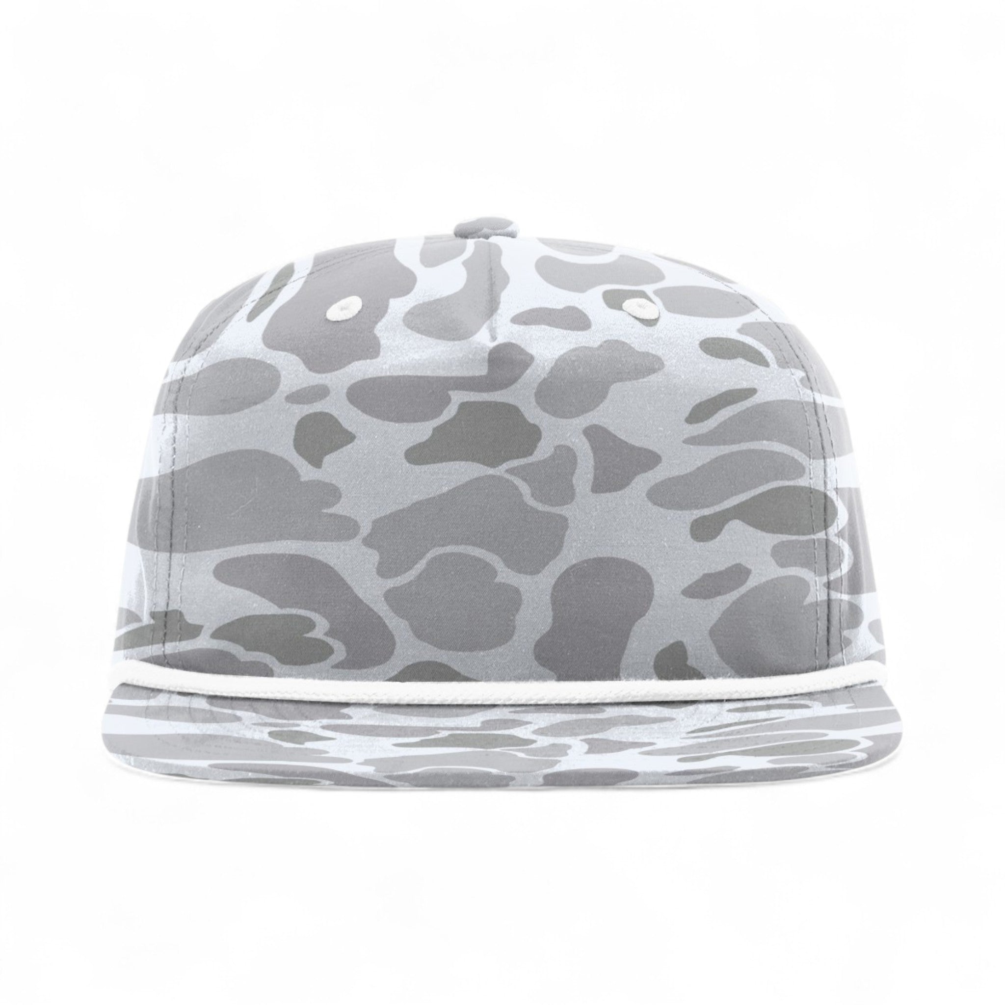 Front view of Richardson 256P custom hat in blizzard duck camo and white