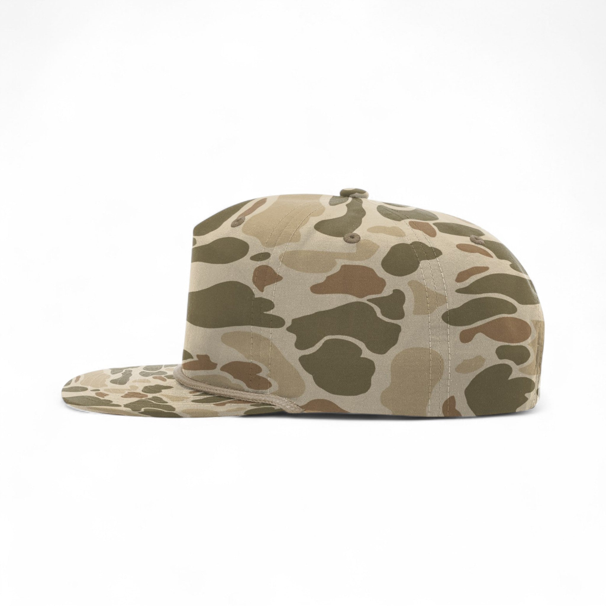 Left side view of Richardson 256P custom hat in harvest duck camo and light brown