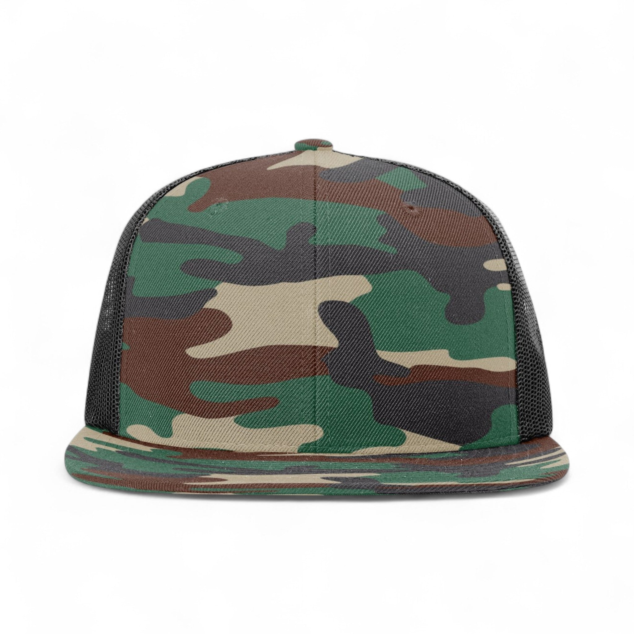 Front view of Richardson 511 custom hat in green camo and black