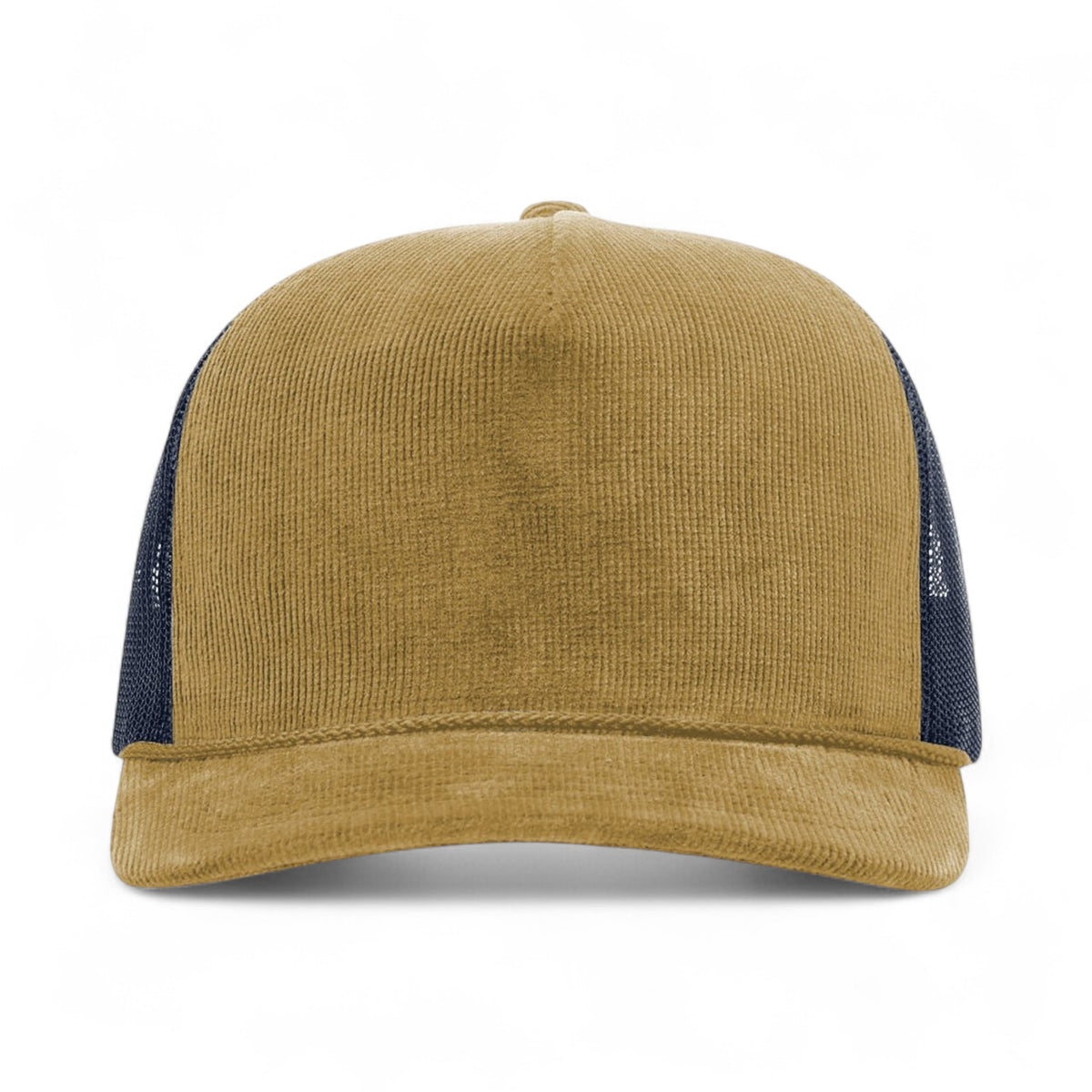 Front view of Richardson 930 custom hat in amber gold and navy