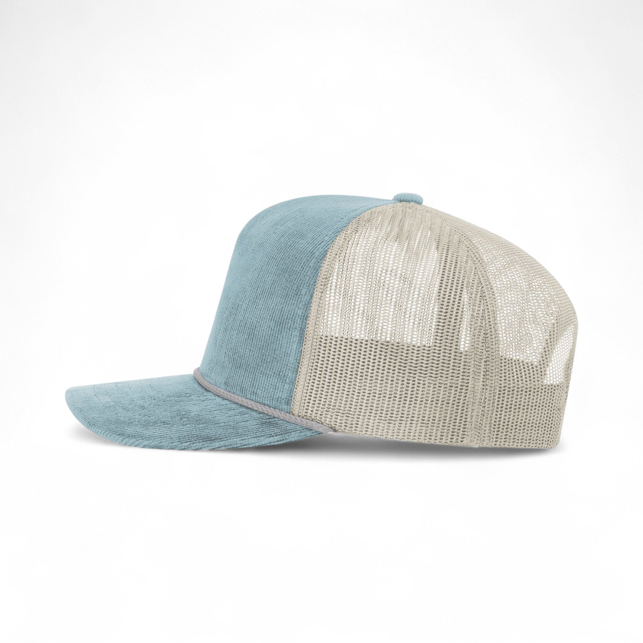 Left side view of Richardson 930 custom hat in light blue and sand