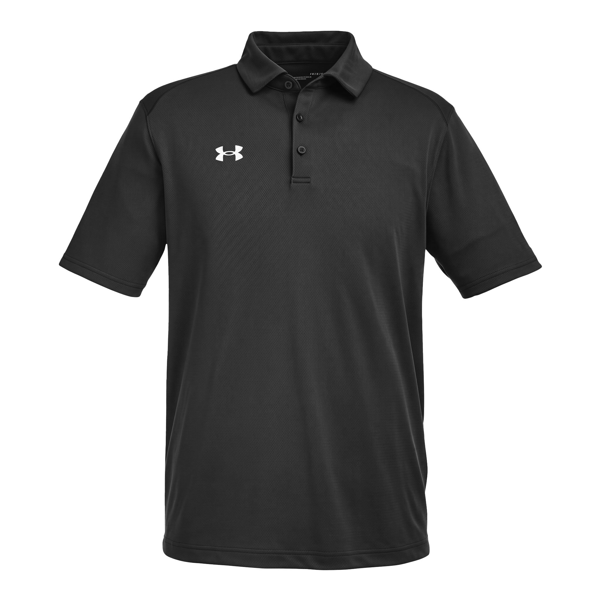 Under Armour 1370399 custom polo in black and white, front view