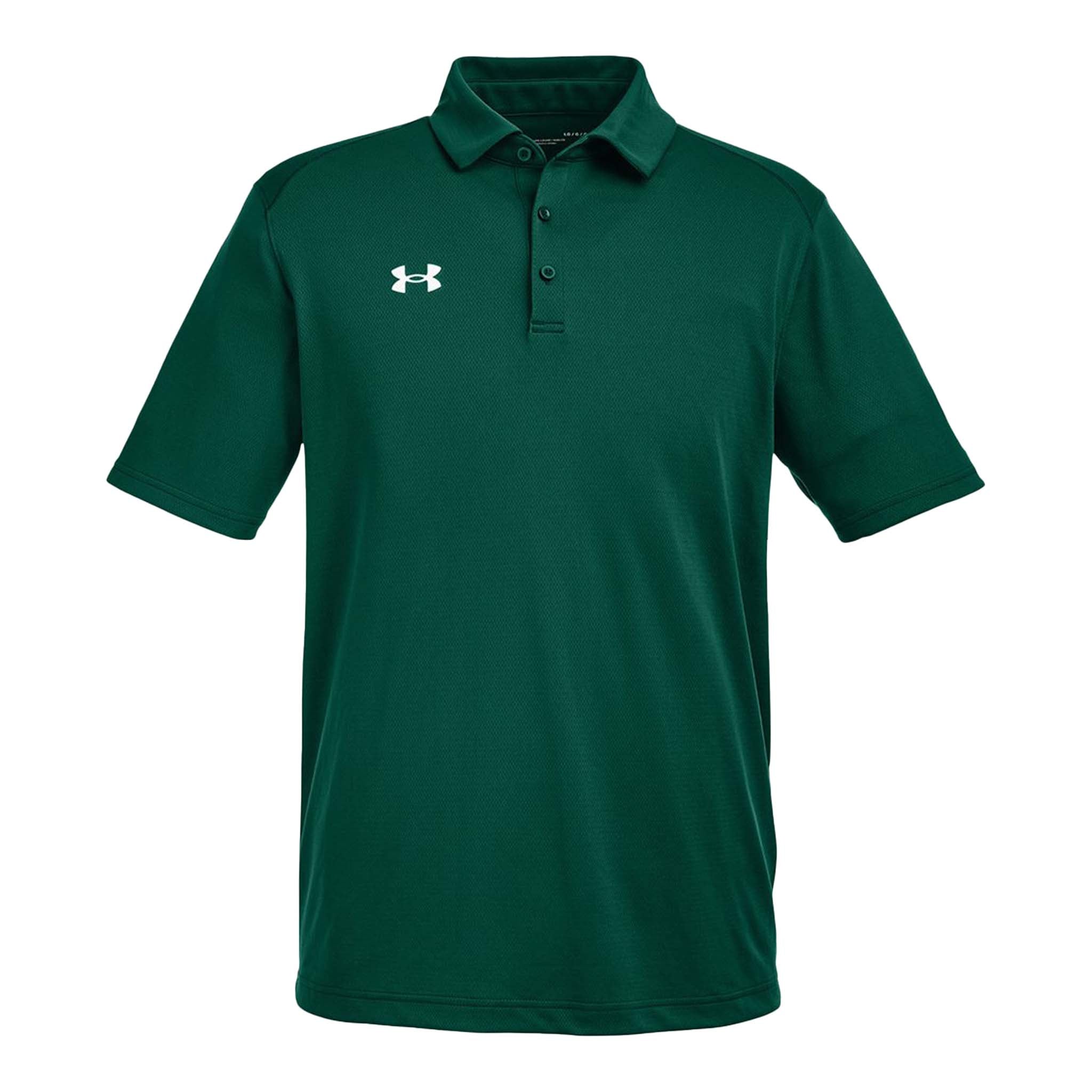 Under Armour 1370399 custom polo in forest green and white, front view