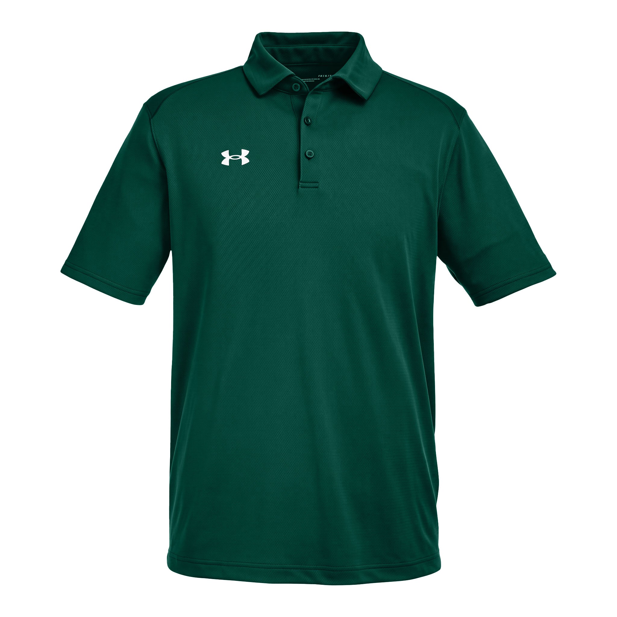 Under Armour 1370399 custom polo in forest green and white, front view