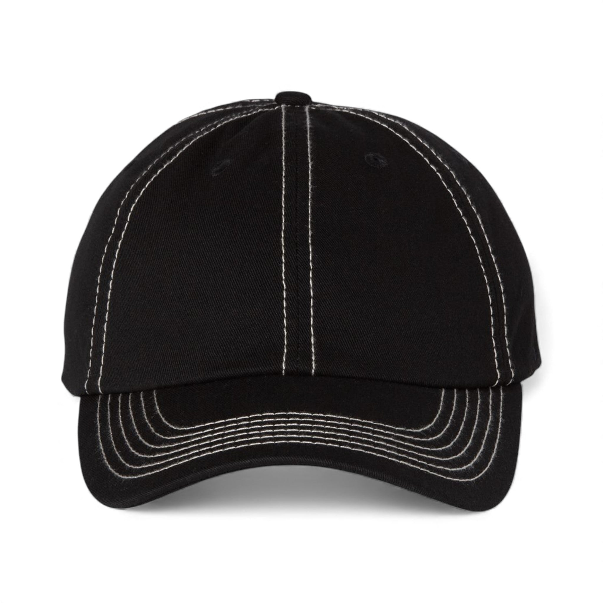 Front view of Valucap VC300A custom hat in black and stone stitch