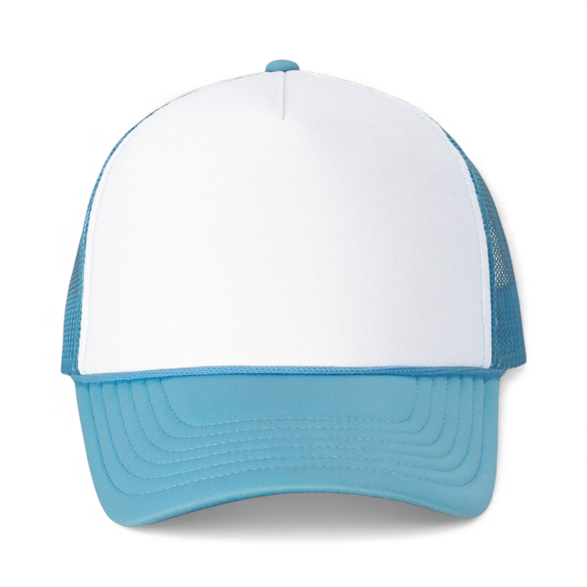 Front view of Valucap VC700 custom hat in white and baby blue