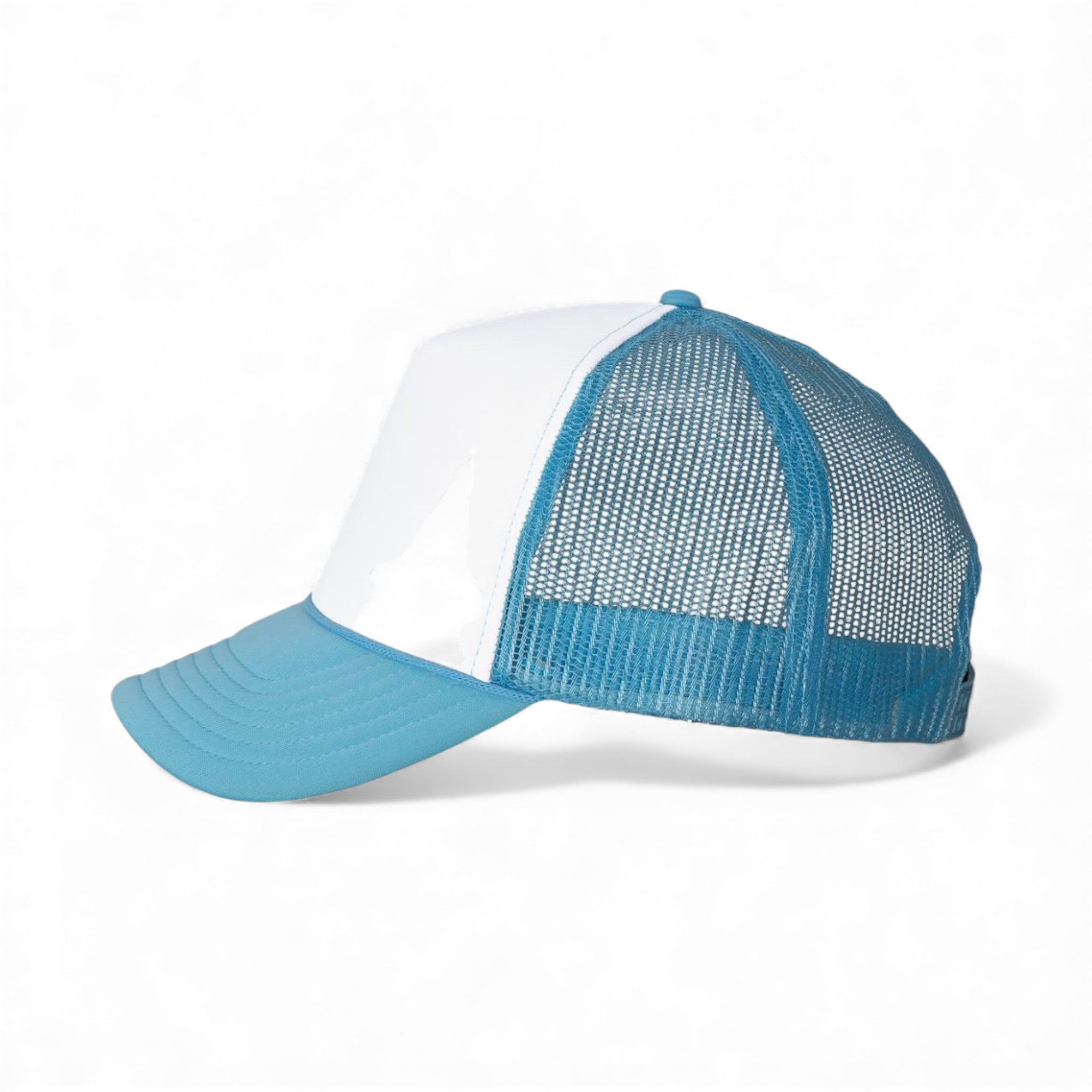 Left side view of Valucap VC700 custom hat in white and baby blue