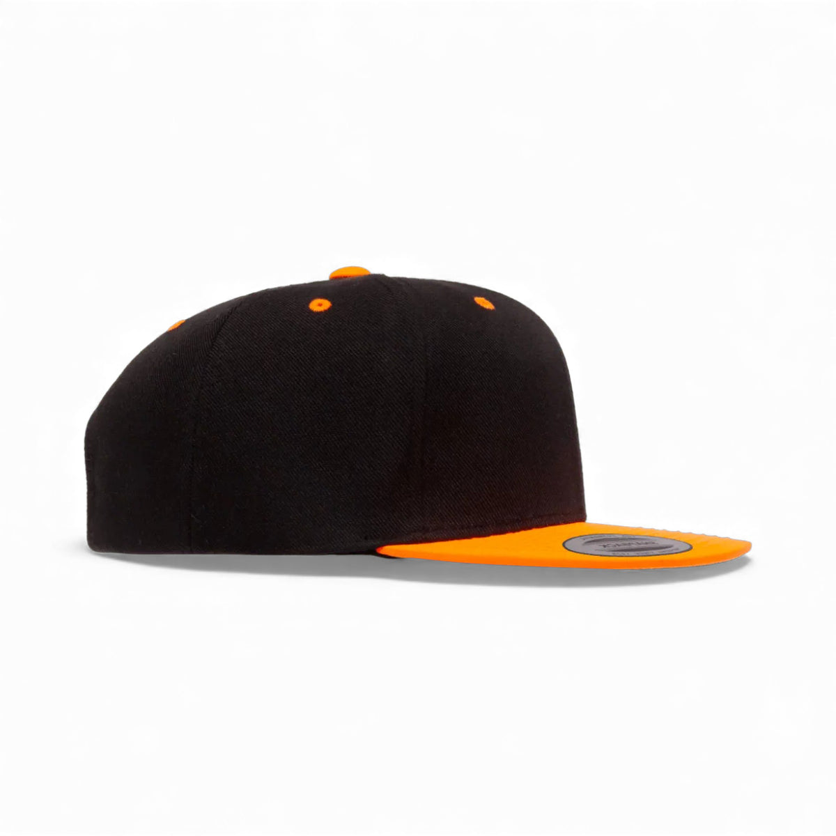 Right side view of YP Classics 6089M custom hat in black and neon orange