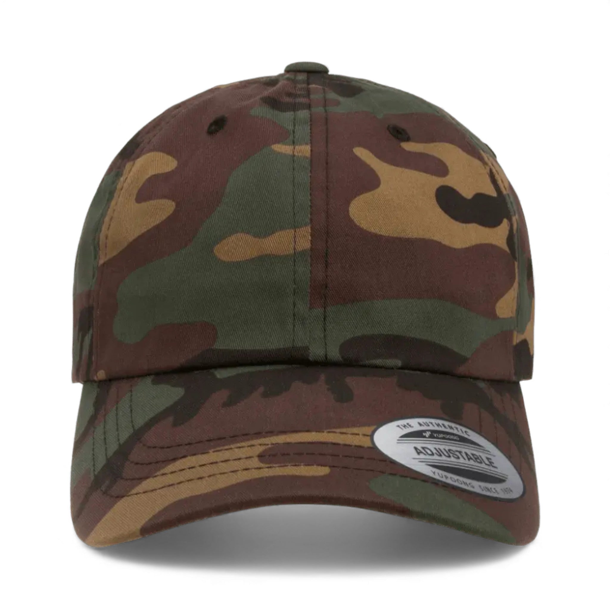 Front view of YP Classics 6245CM custom hat in green camo
