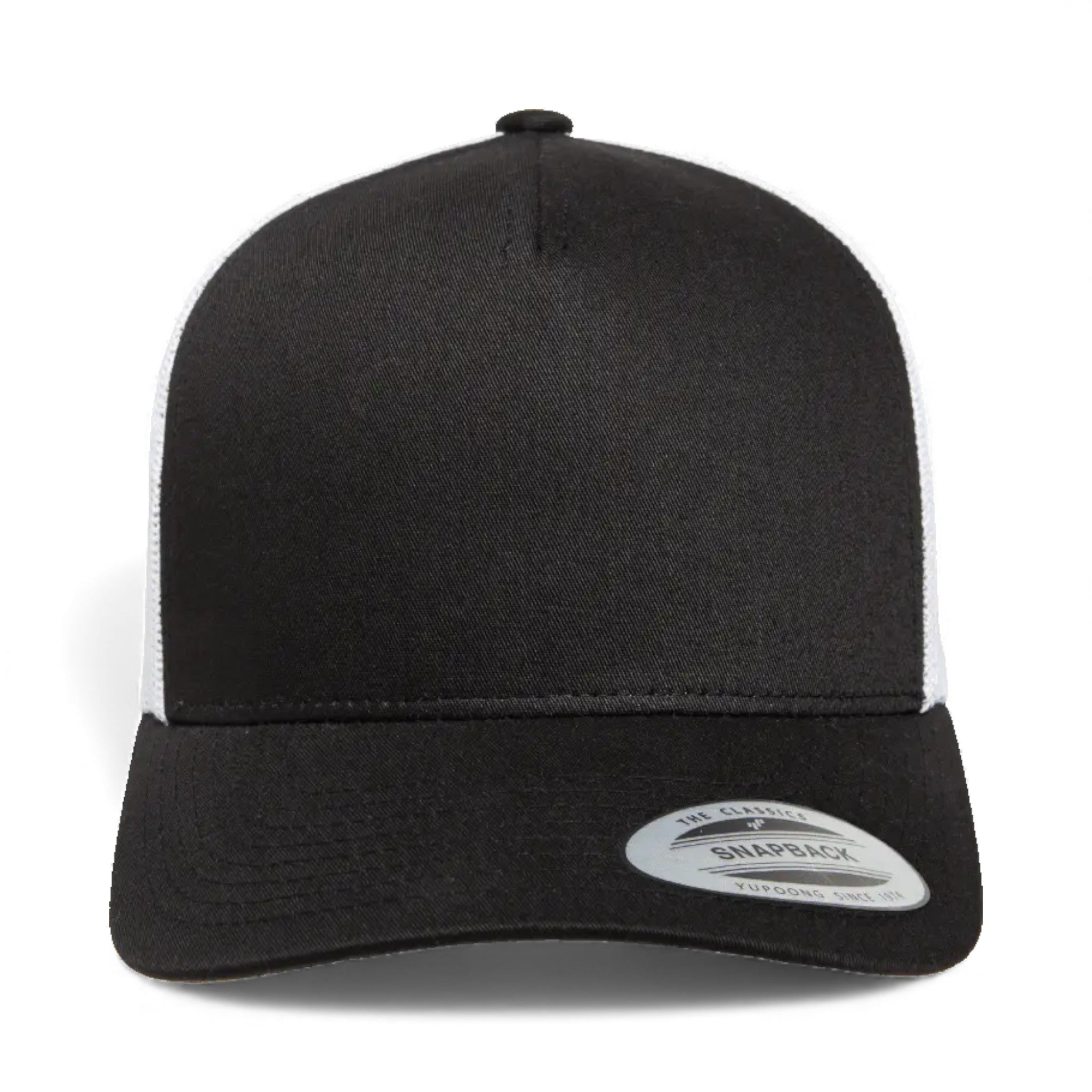 Front view of YP Classics 6506 custom hat in black and white