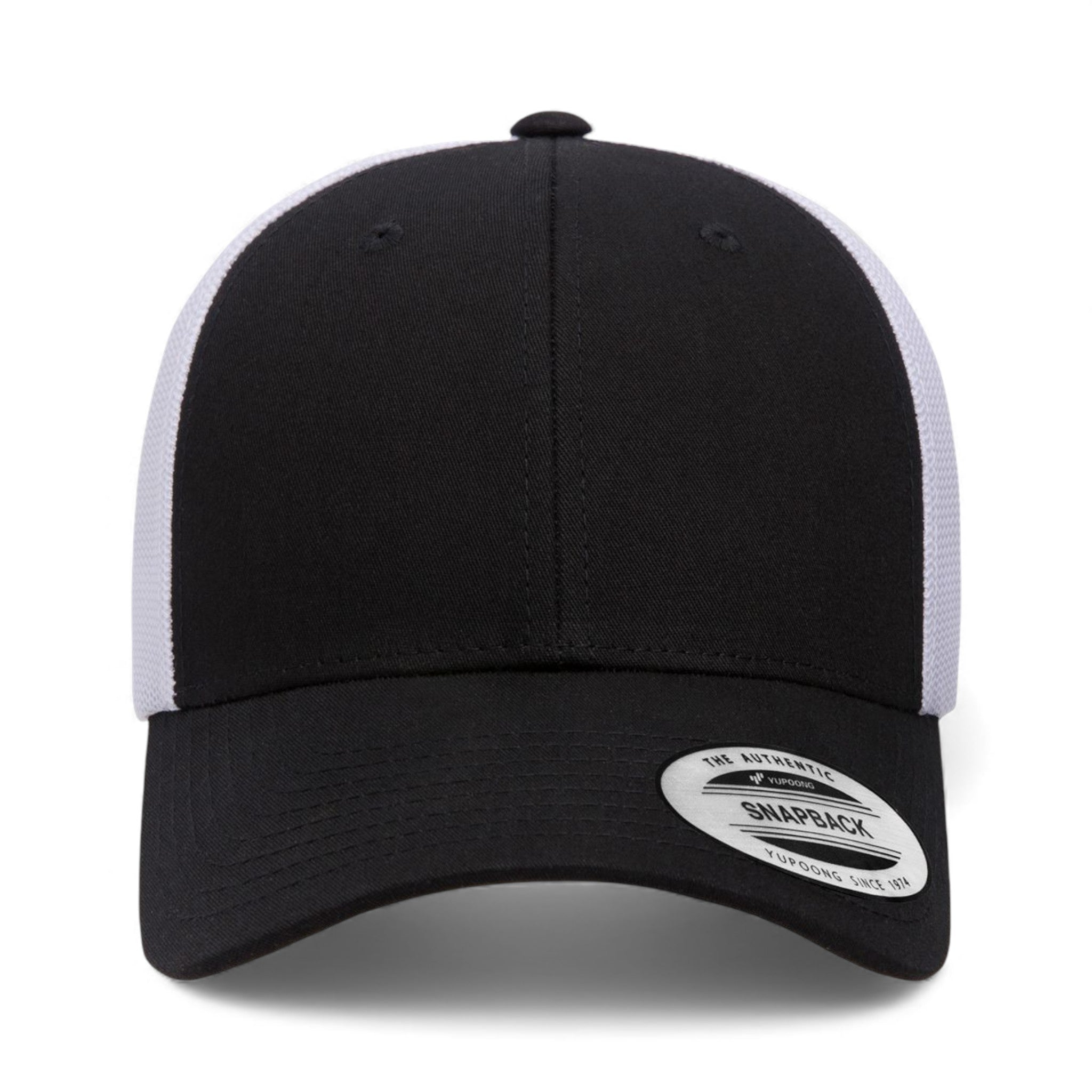 Front view of YP Classics 6601 custom hat in black and white