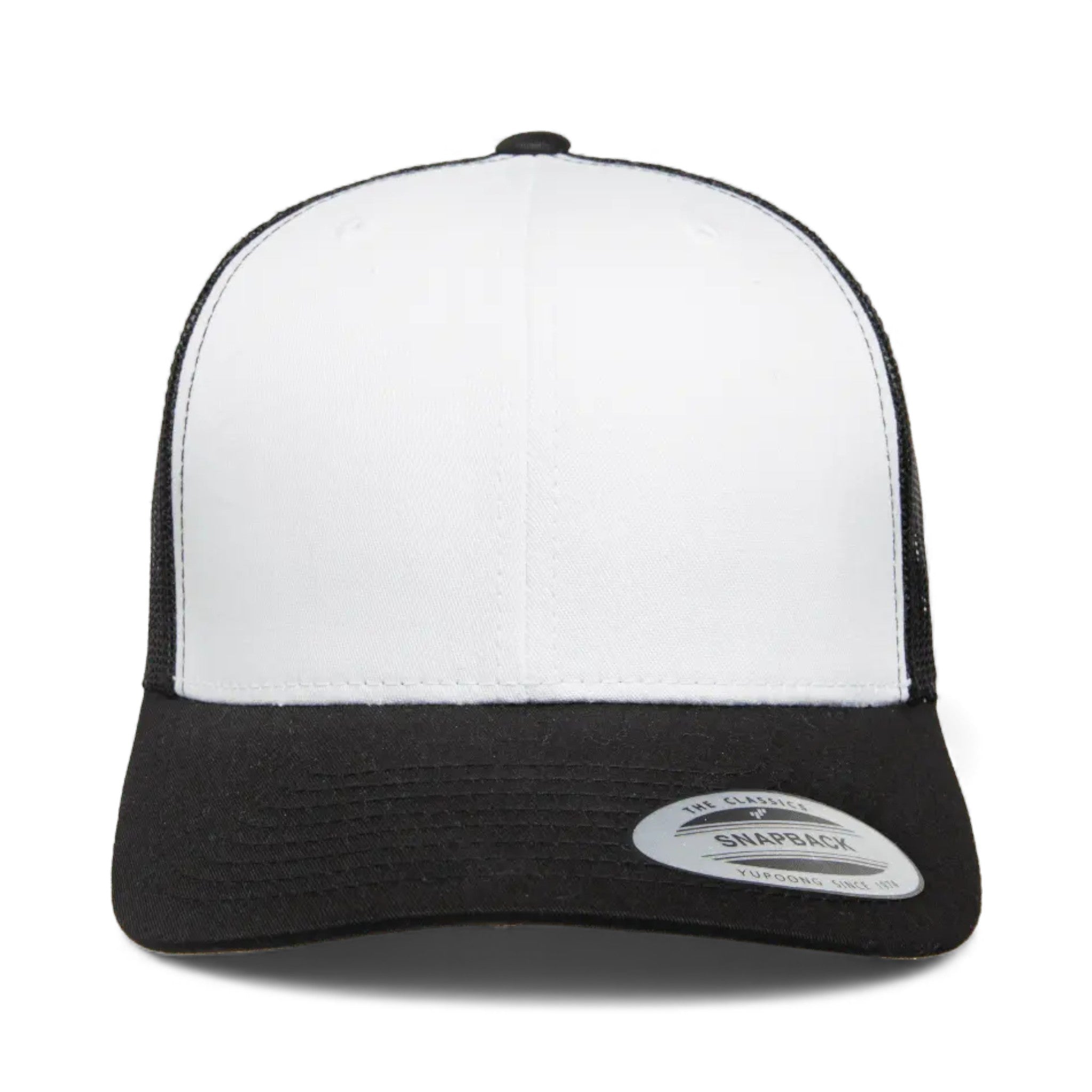 Front view of YP Classics 6606 custom hat in black, white and black