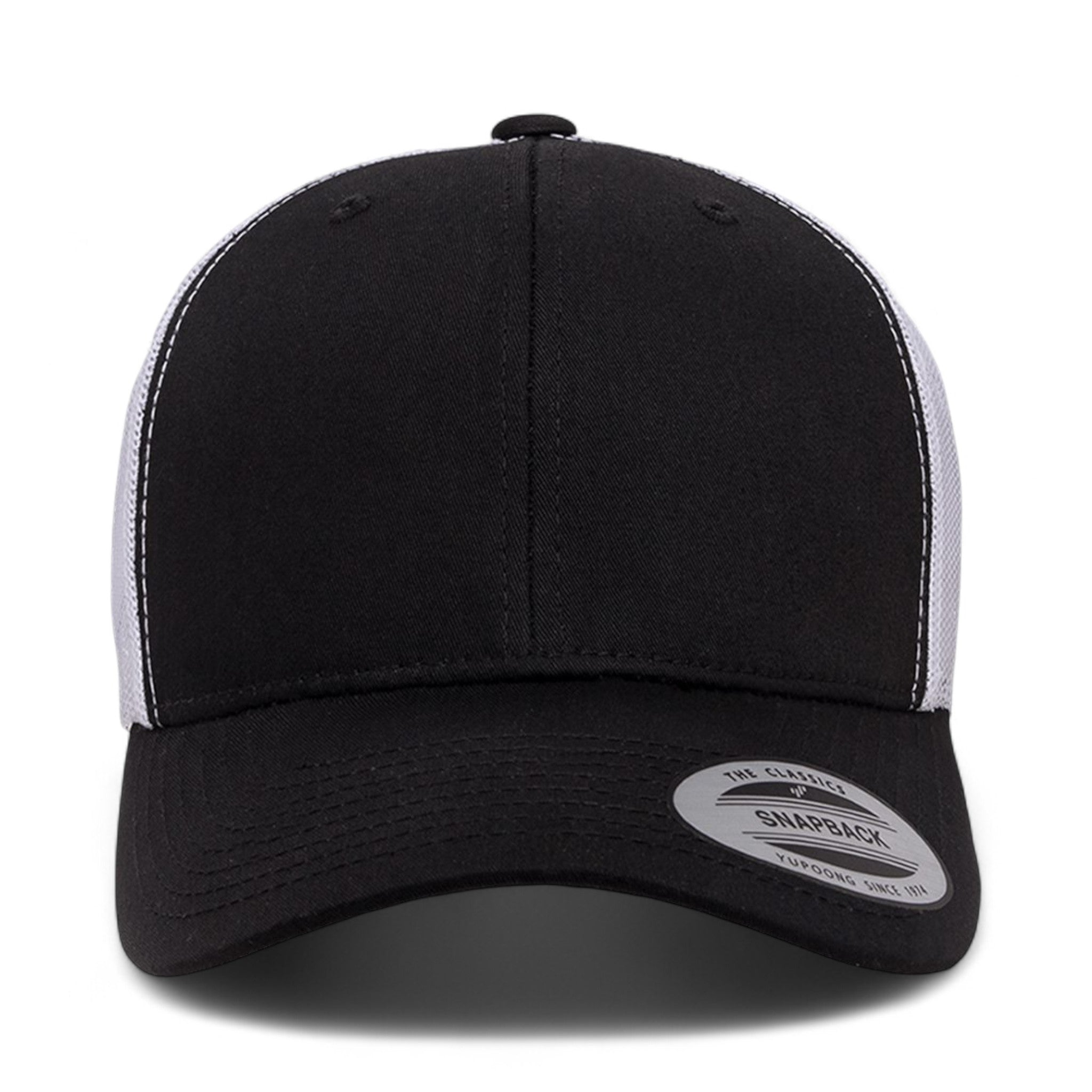 Front view of YP Classics 6606 custom hat in black and white
