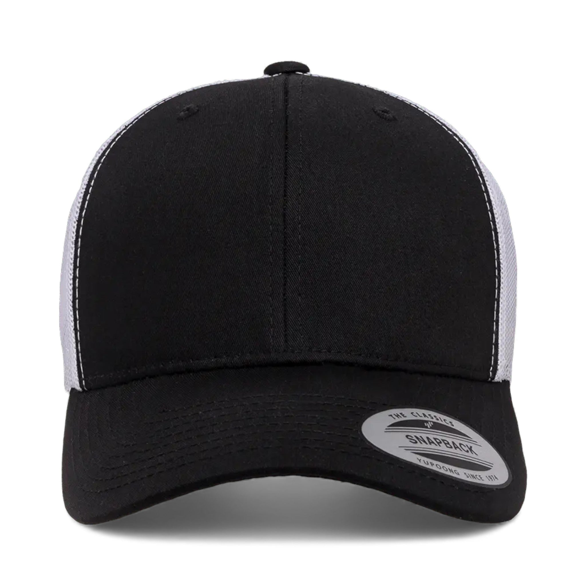 Front view of YP Classics 6606 custom hat in black and white