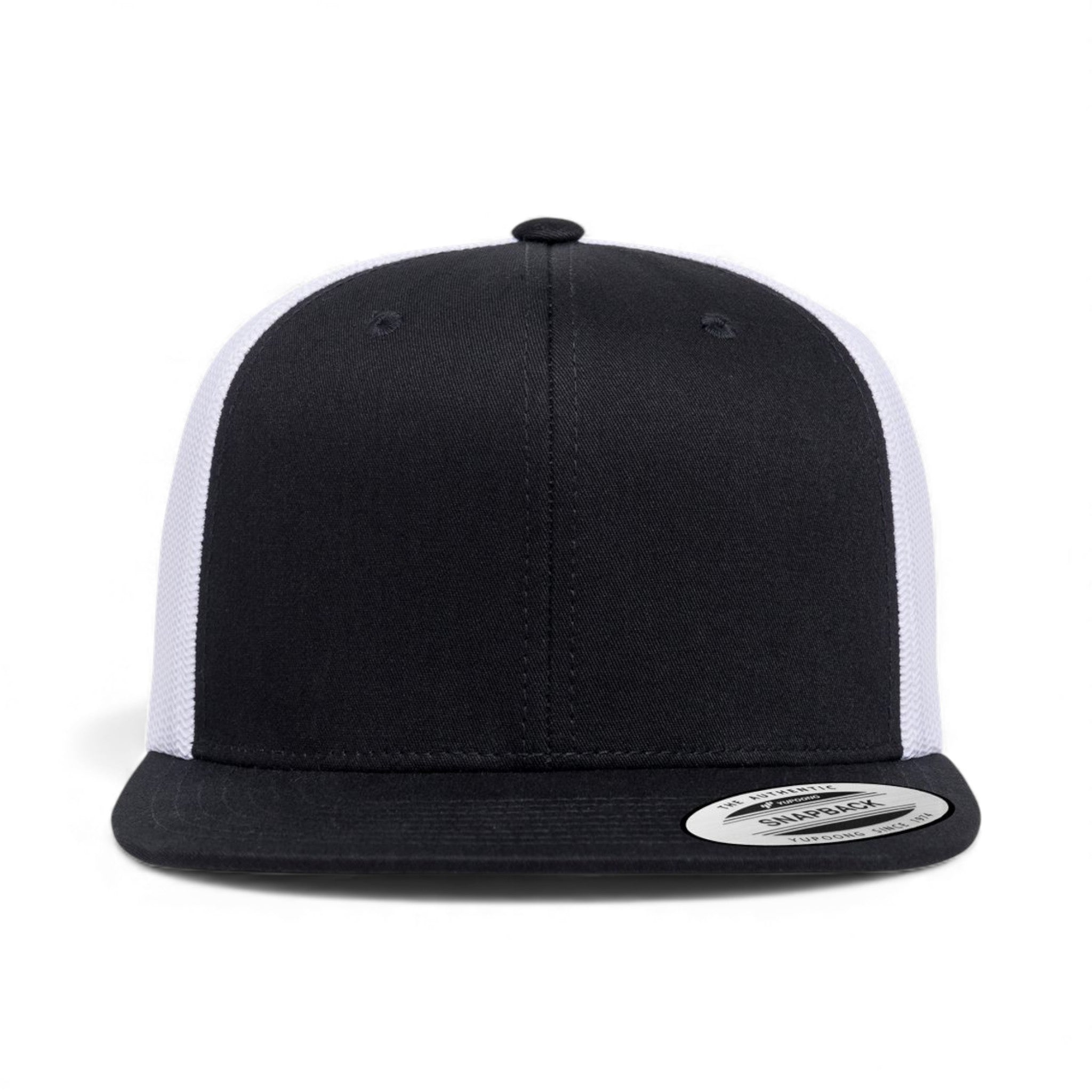 Front view of YP Classics 6609 custom hat in black and white