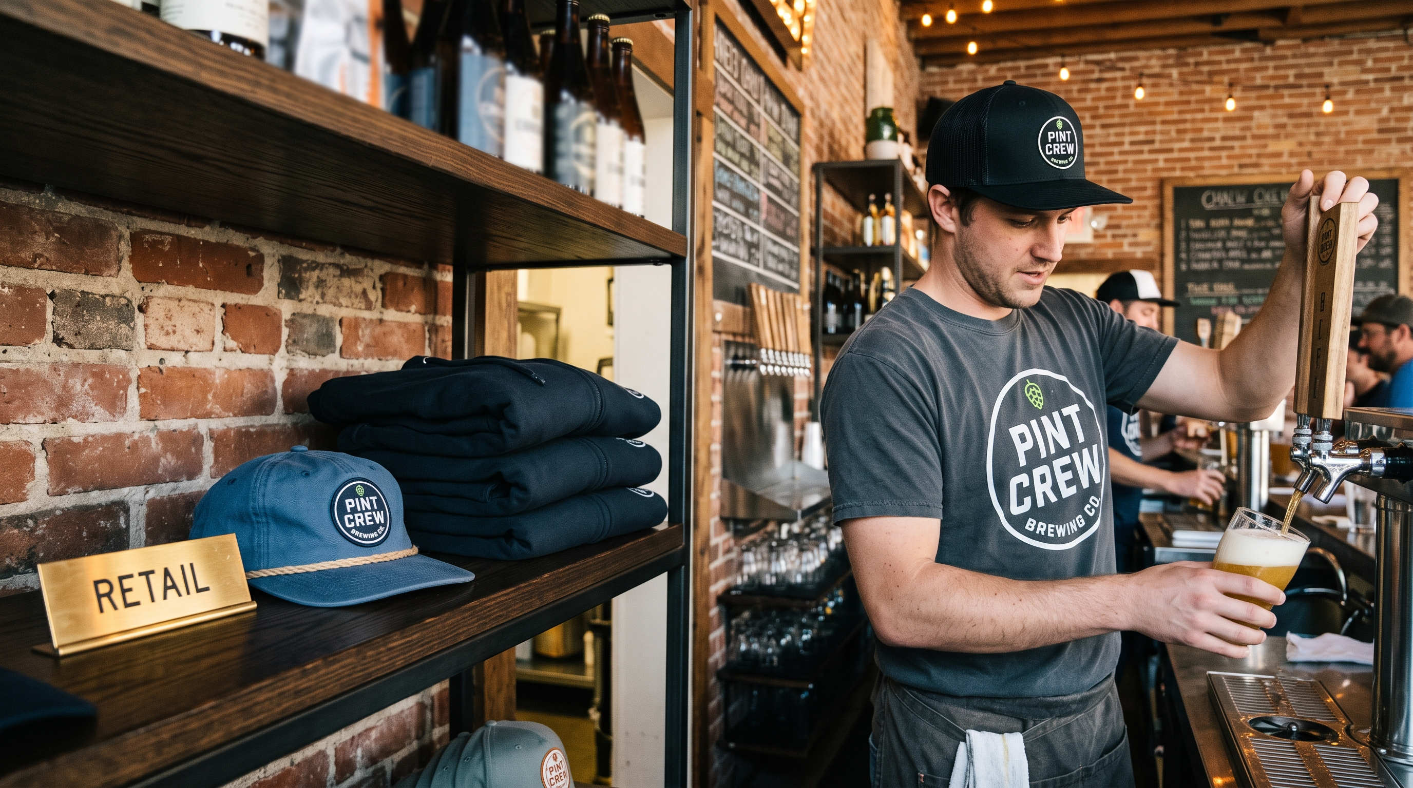 Taproom bartender in a branded cap and tee pours a beer beside a retail shelf of brewery hats and hoodies