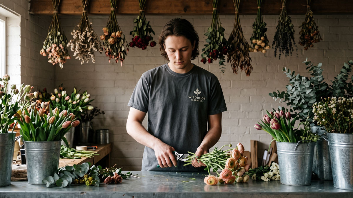 Florist in a Pepper Comfort Colors 1717 tee with a WILDROOT FLORAL CO. chest logo, trimming stems in the shop