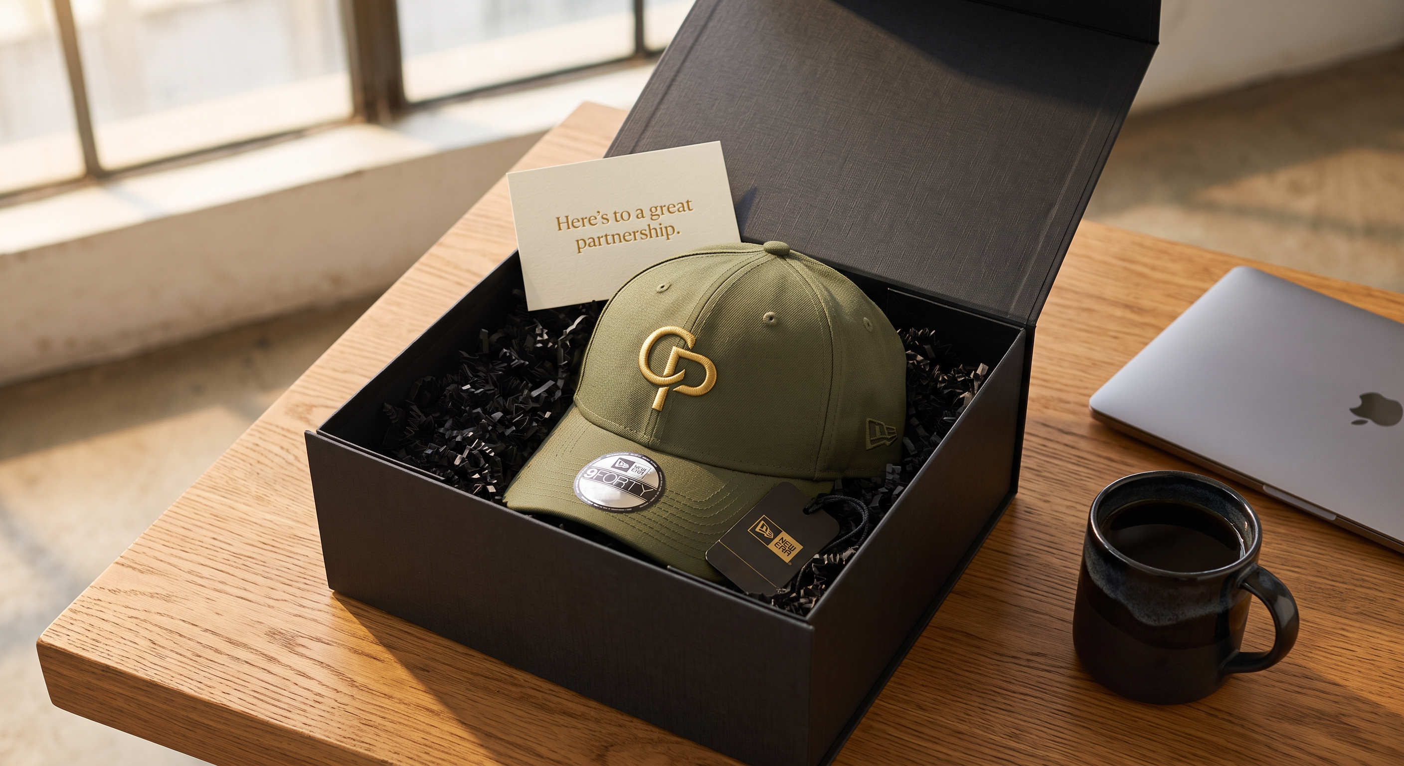Olive New Era cap with a gold monogram in a black gift box with a partnership note, a client gift on an office desk