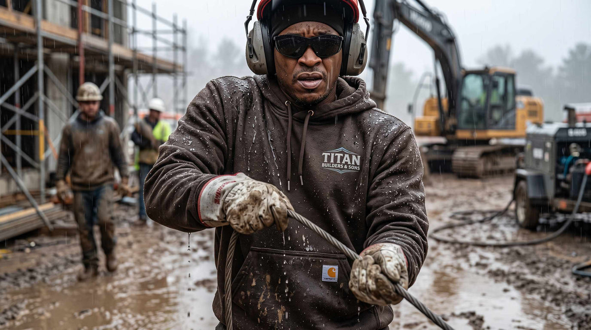 Construction worker in a brown Carhartt hoodie with a chest logo pulling a cable in the rain on a muddy job site