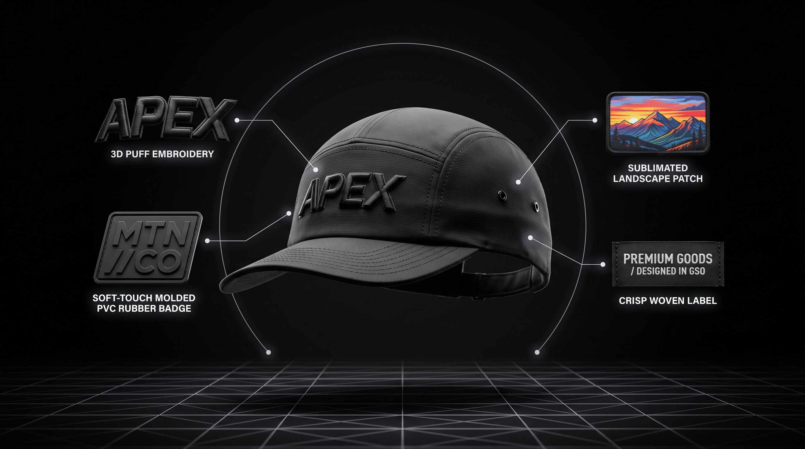 Black cap with callouts showing four custom hat design methods: 3D puff embroidery, PVC badge, sublimated patch, woven label