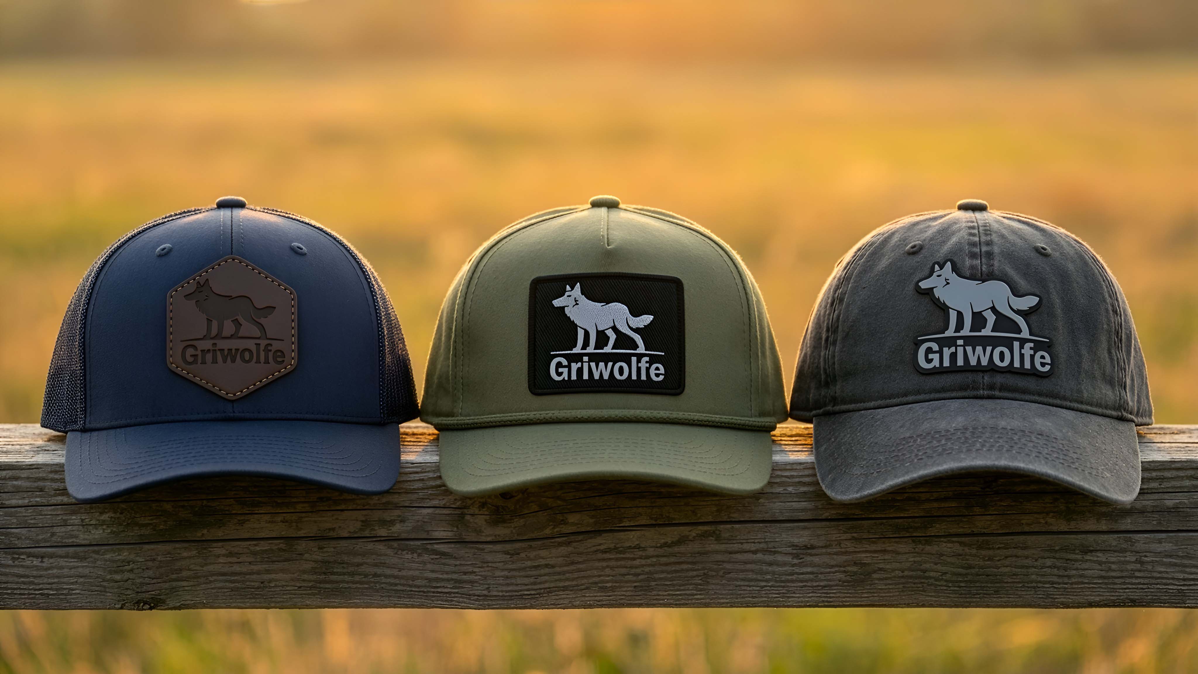 A variety of premium custom patch hats featuring detailed leather, tactile PVC, and classic embroidered patches on mid and low profile front panels.