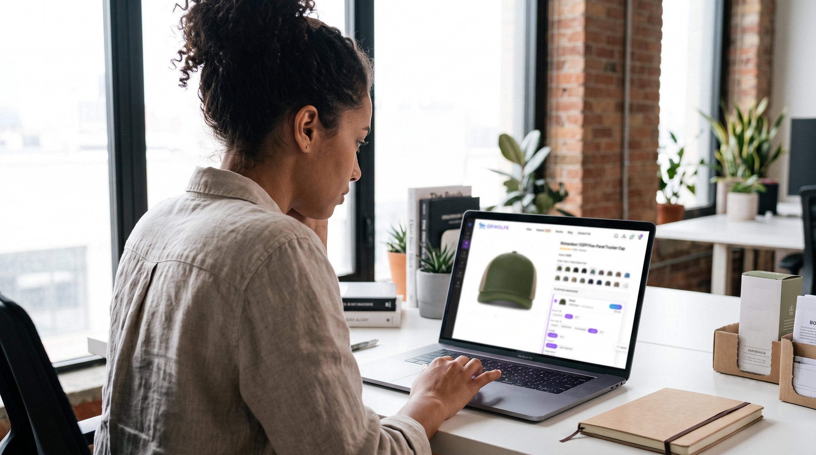 Small-business owner designing a custom cap on a laptop with a blank trucker hat on the desk beside them