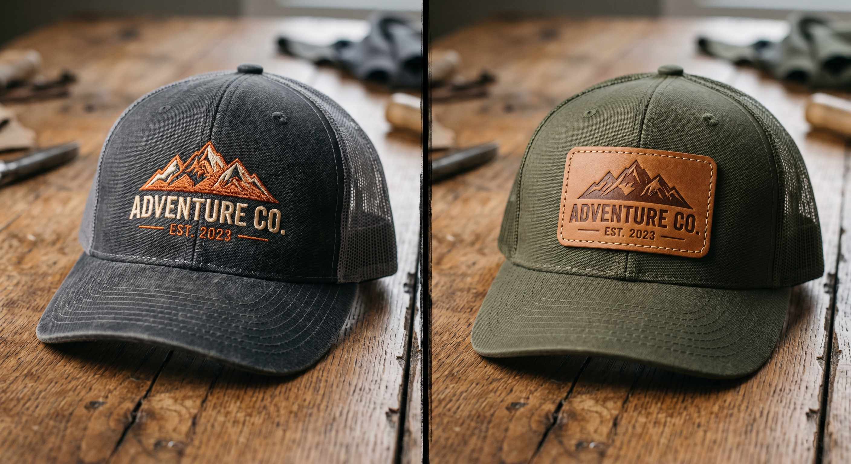 Side-by-side comparison of a direct embroidered logo and a leather patch on two trucker hats.