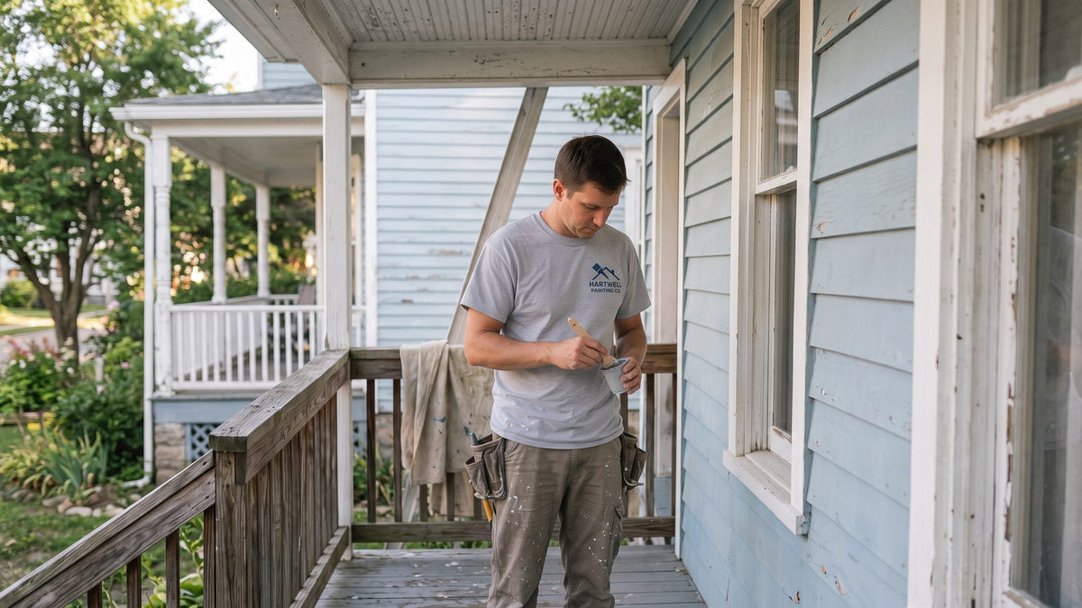 House painter in a Sport Grey Gildan 5000 with a HARTWELL PAINTING CO. chest logo, loading a brush on a front porch