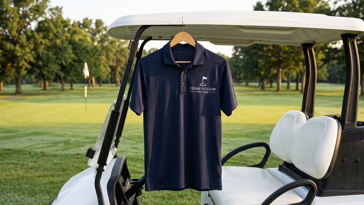 Navy golf polo with an embroidered CEDAR HOLLOW crest hanging from a golf cart roof beside a green at sunrise