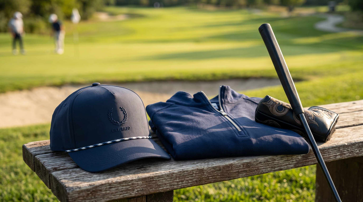 Golf tournament gifts on a bench: navy rope cap with tonal crest, folded quarter zip, and putter at golden hour