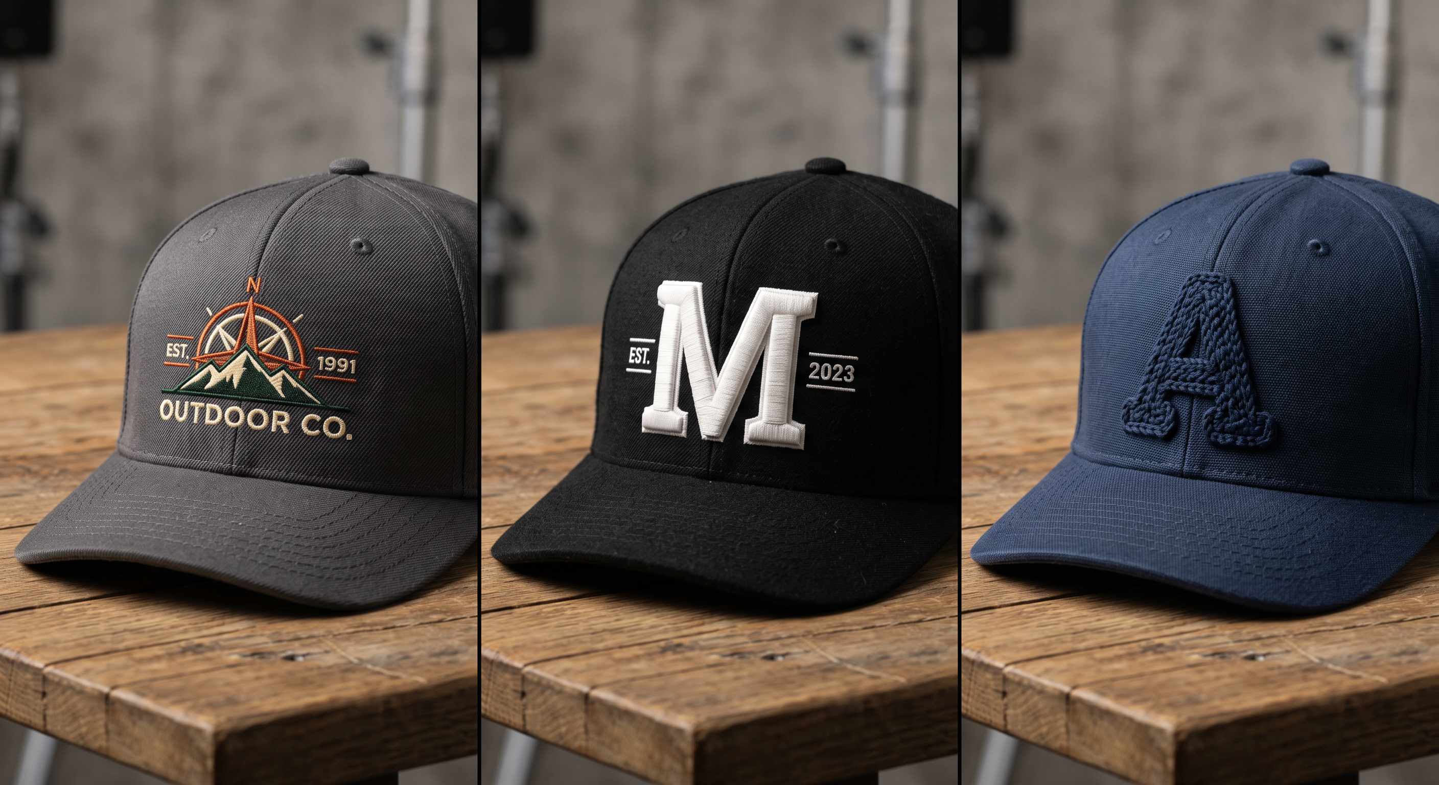 Three caps showing flat embroidery, raised 3D puff lettering, and tonal chain stitch on a wood table